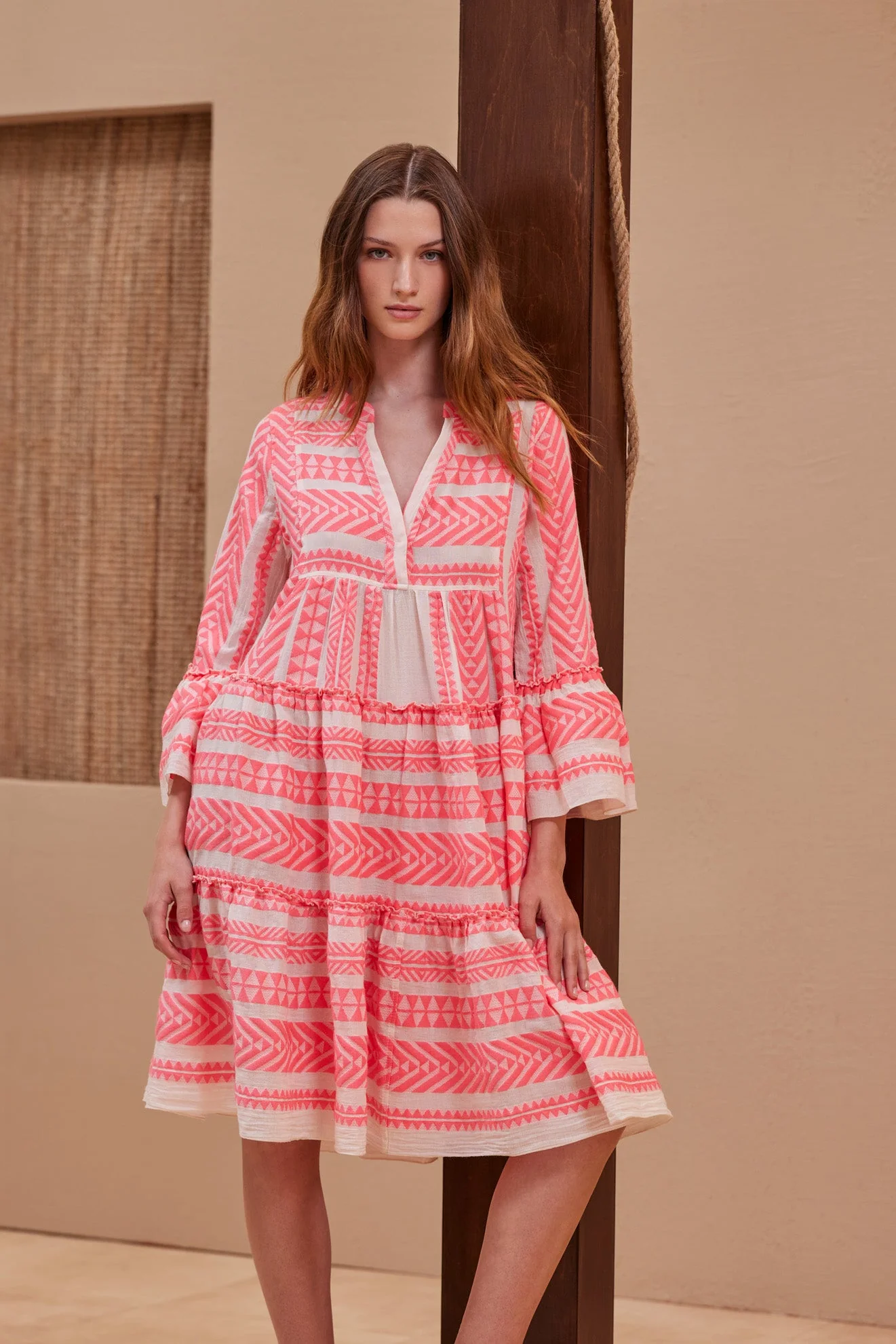Ella Midi Dress neon pink/offwhite