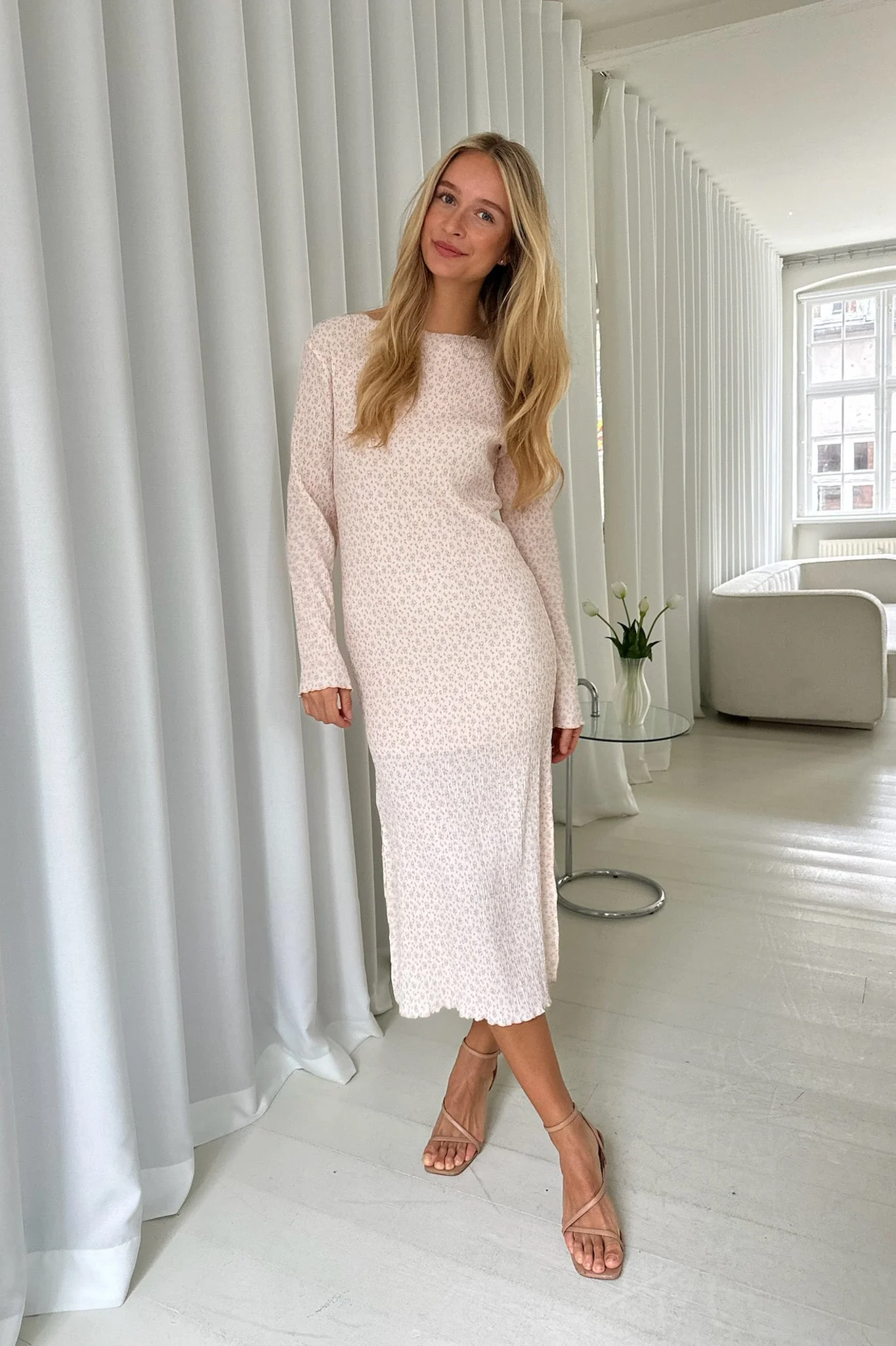 Odaic Dress Peach Flower Stem Print