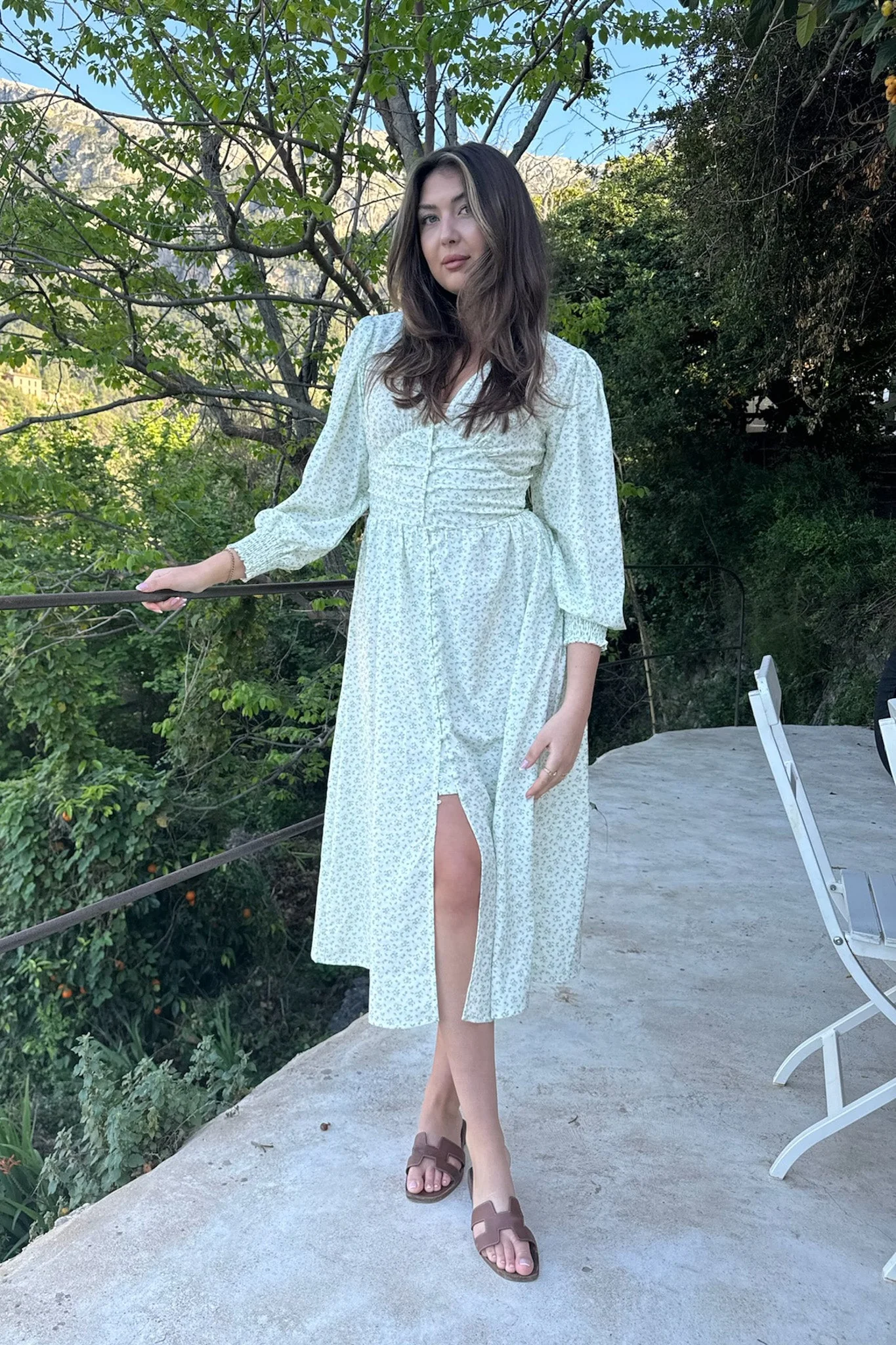Adelic Long Dress Green Flower Stem Print - Image 3
