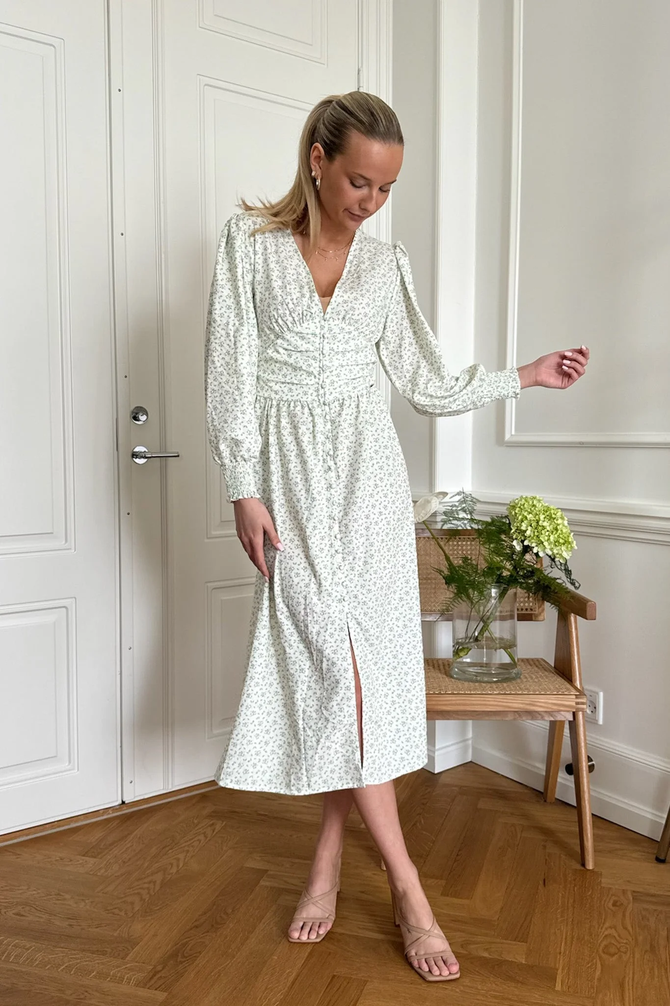Adelic Long Dress Green Flower Stem Print - Image 4