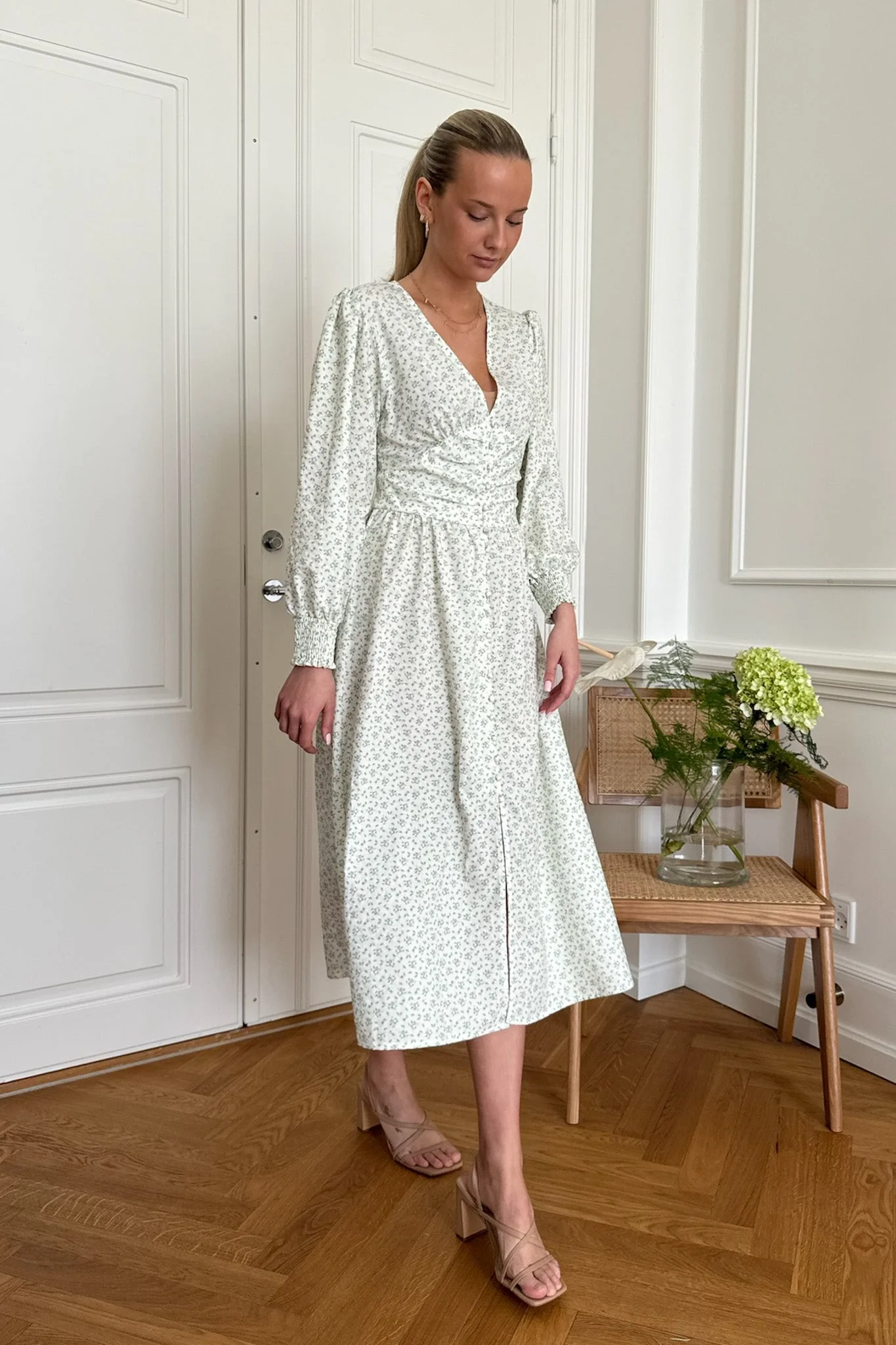 Adelic Long Dress Green Flower Stem Print - Image 5