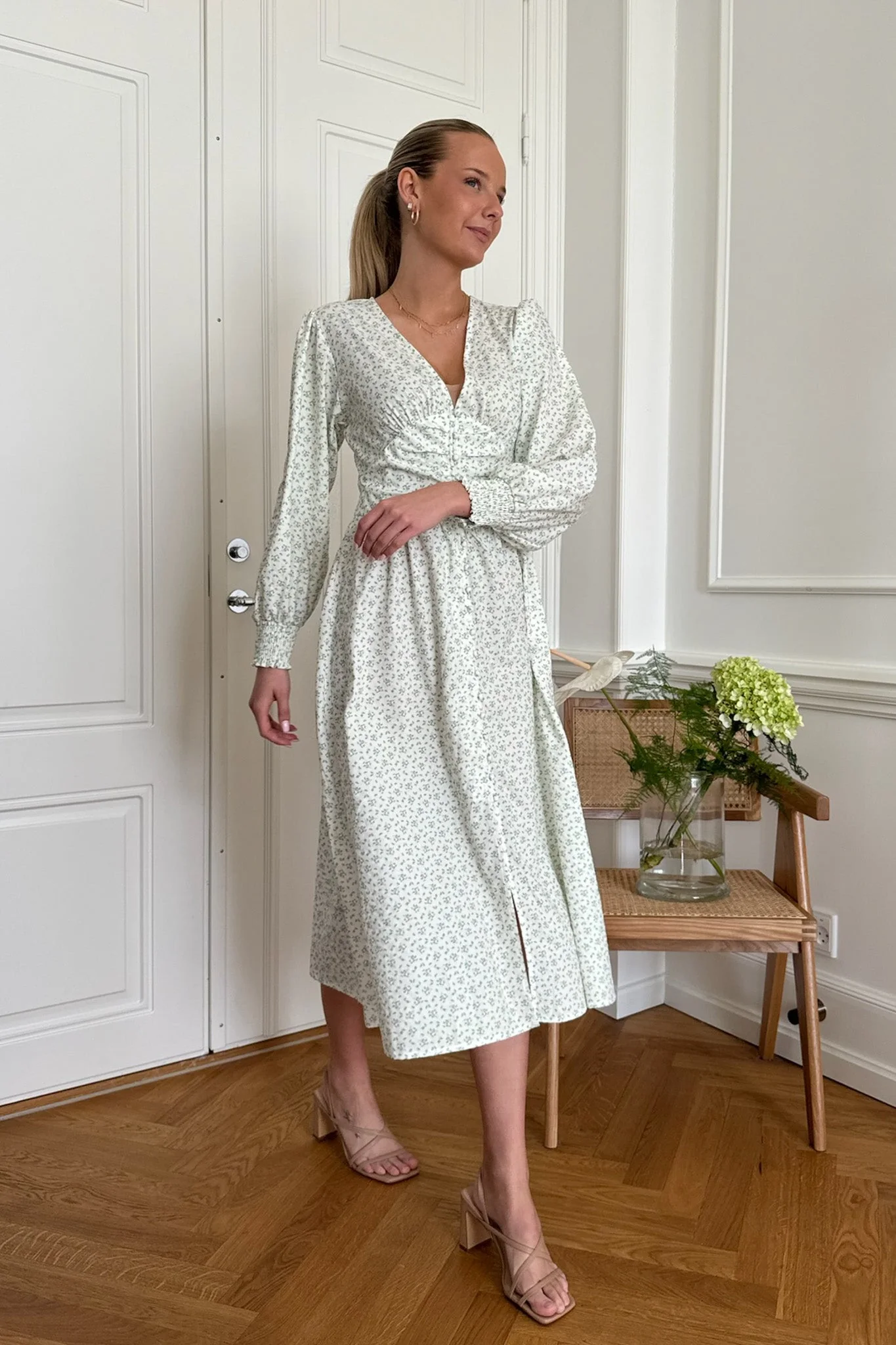 Adelic Long Dress Green Flower Stem Print - Image 6