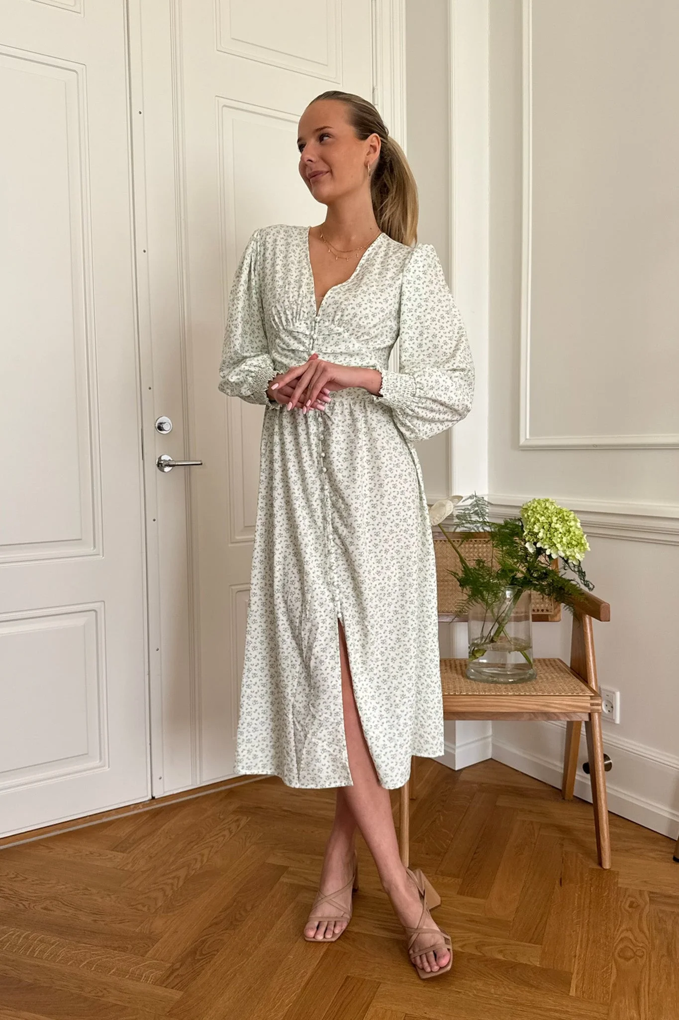 Adelic Long Dress Green Flower Stem Print - Image 7