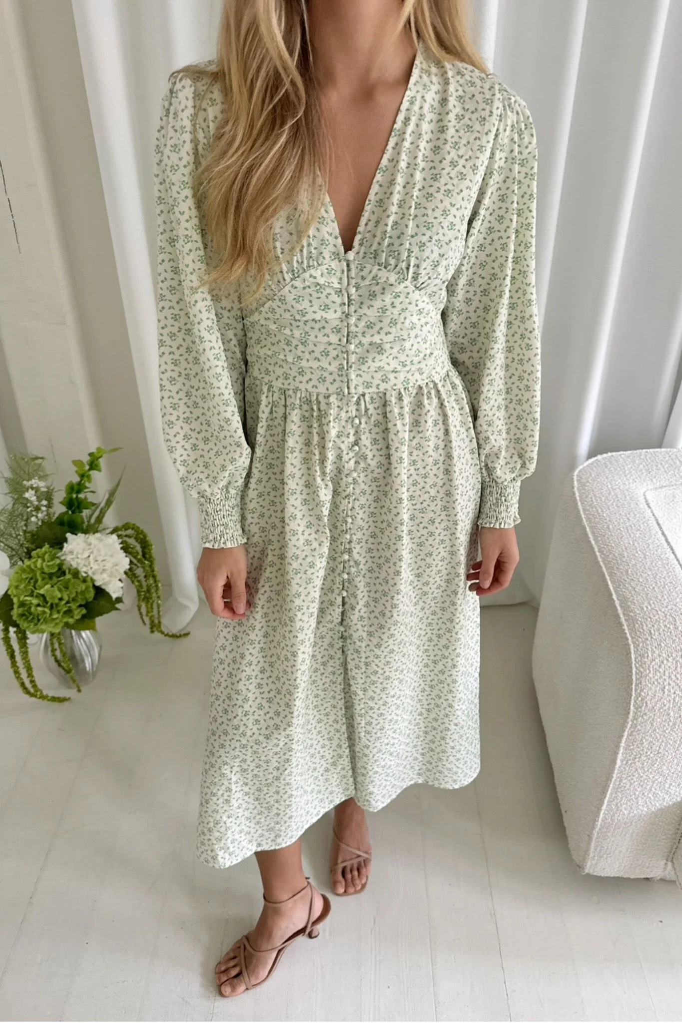 Adelic Long Dress Green Flower Stem Print - Image 8