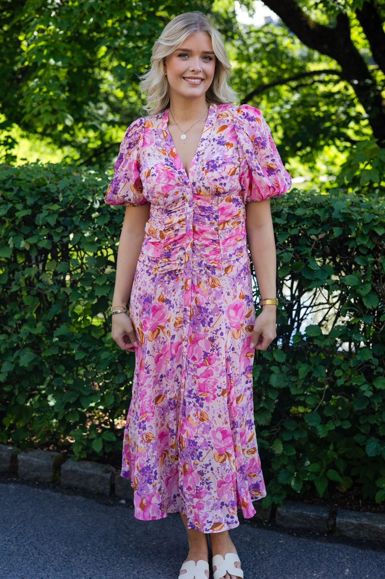 Crepe Button Down Gown Watercolor Bloom