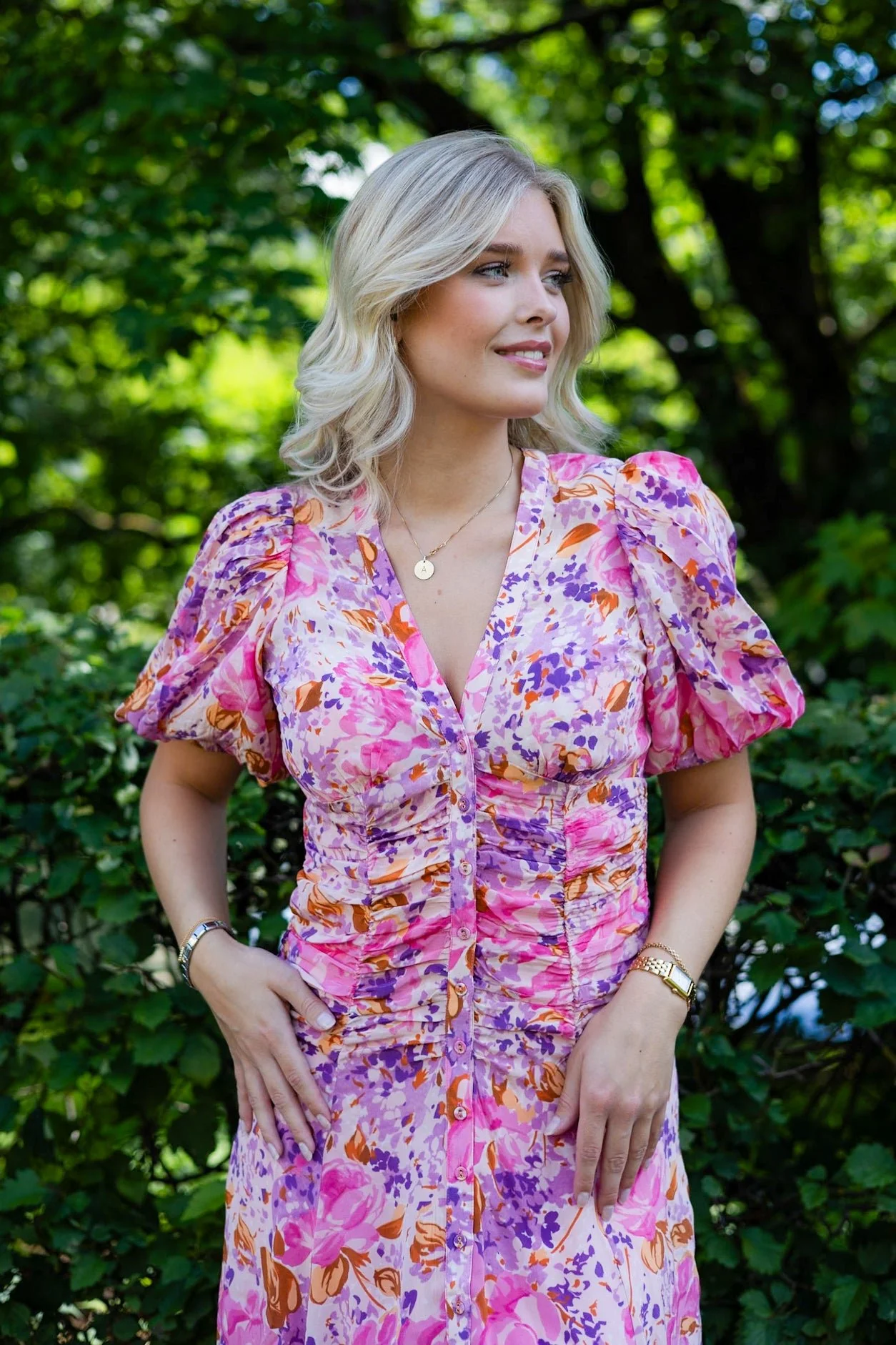 Crepe Button Down Gown Watercolor Bloom - Image 5