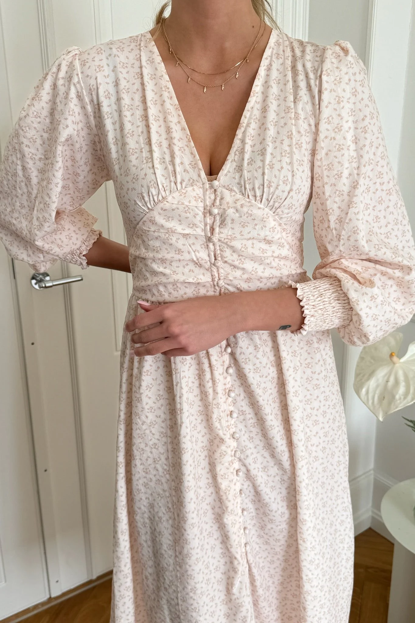 Adelic Long Dress Peach Flower Stem Print - Image 2