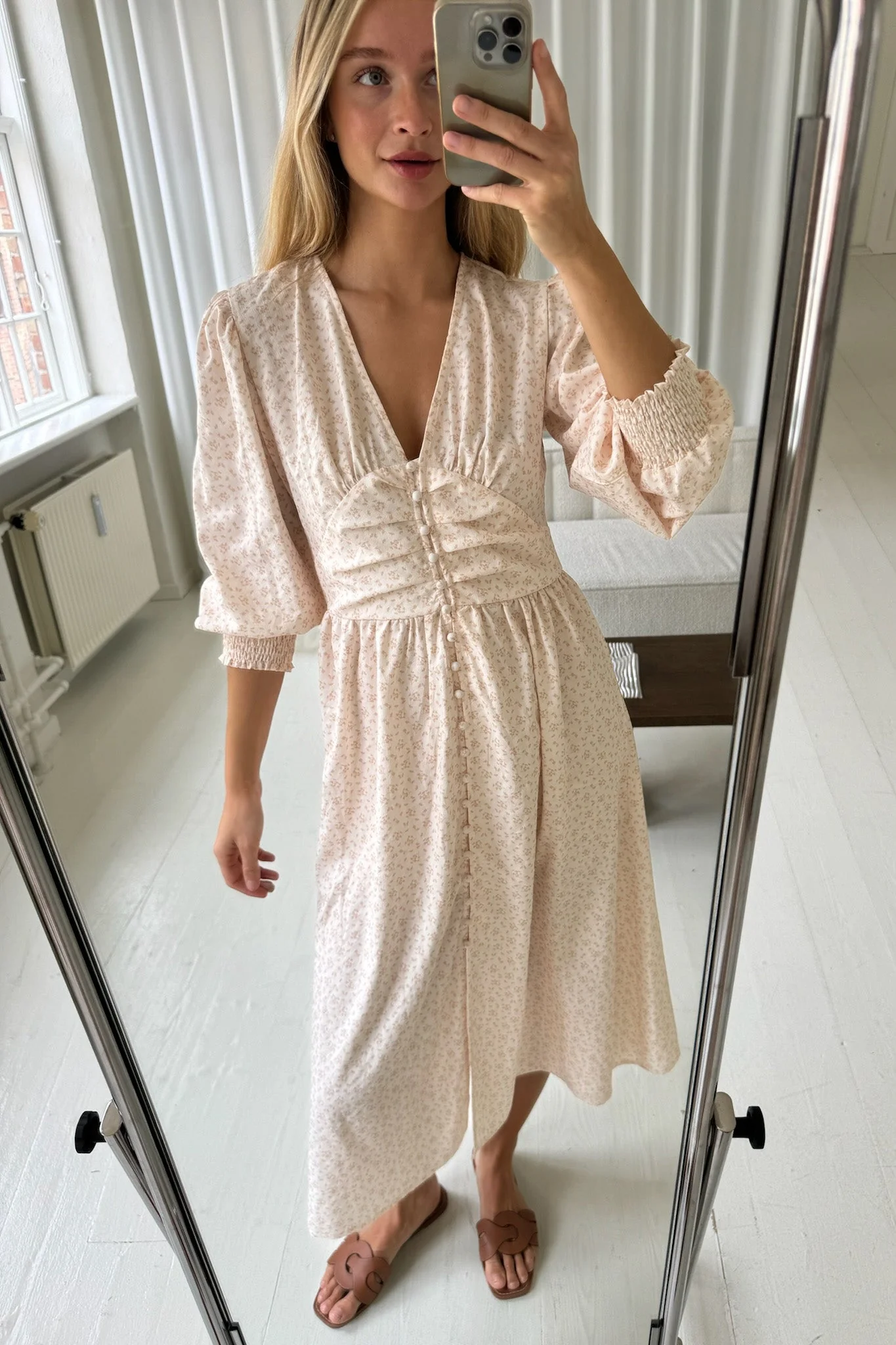 Adelic Long Dress Peach Flower Stem Print - Image 3