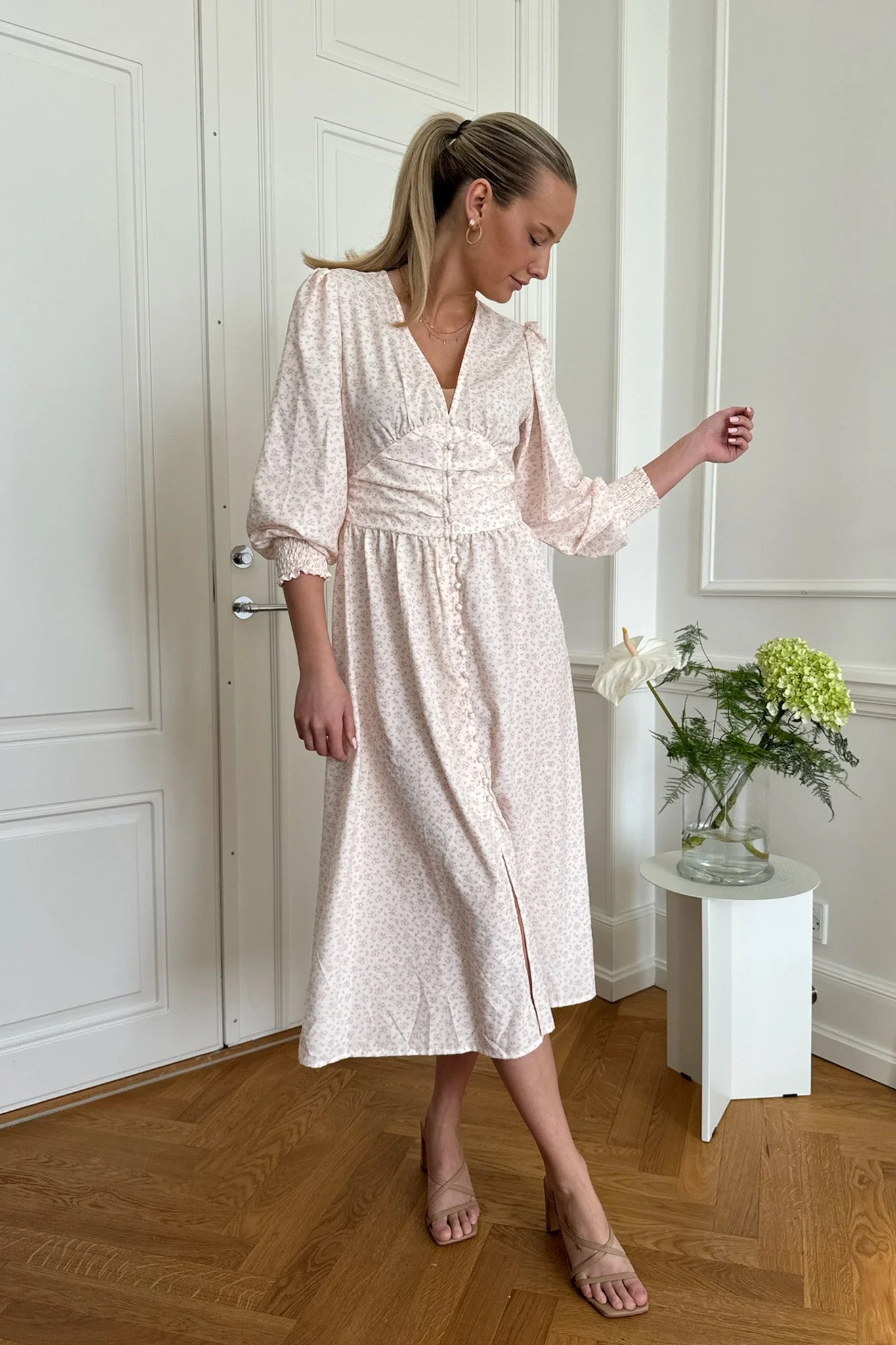 Adelic Long Dress Peach Flower Stem Print - Image 4