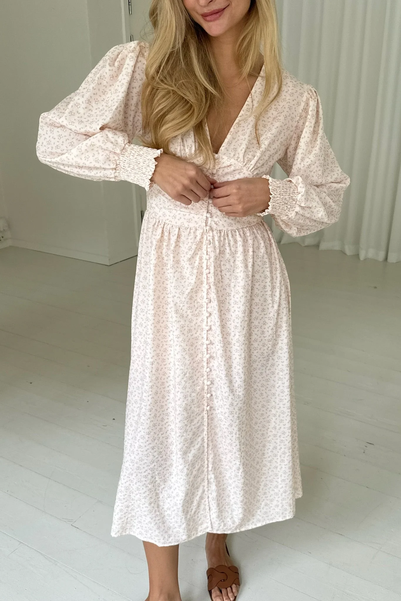 Adelic Long Dress Peach Flower Stem Print - Image 5