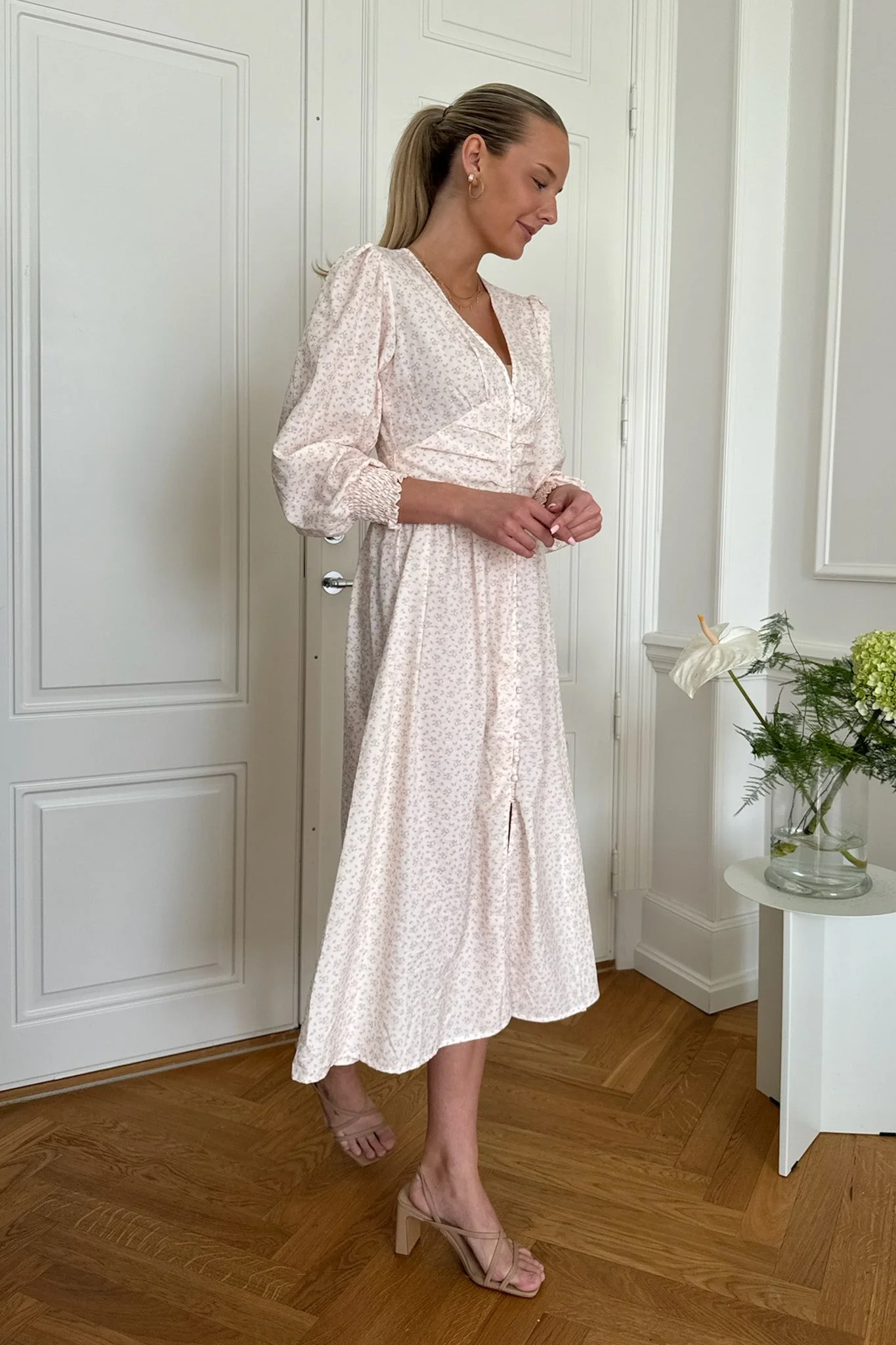 Adelic Long Dress Peach Flower Stem Print - Image 6