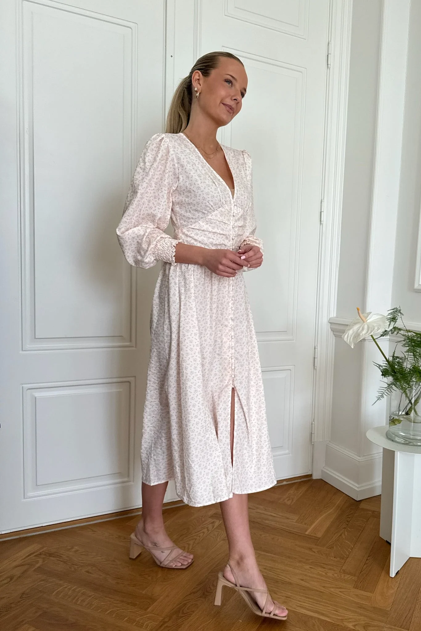 Adelic Long Dress Peach Flower Stem Print - Image 7