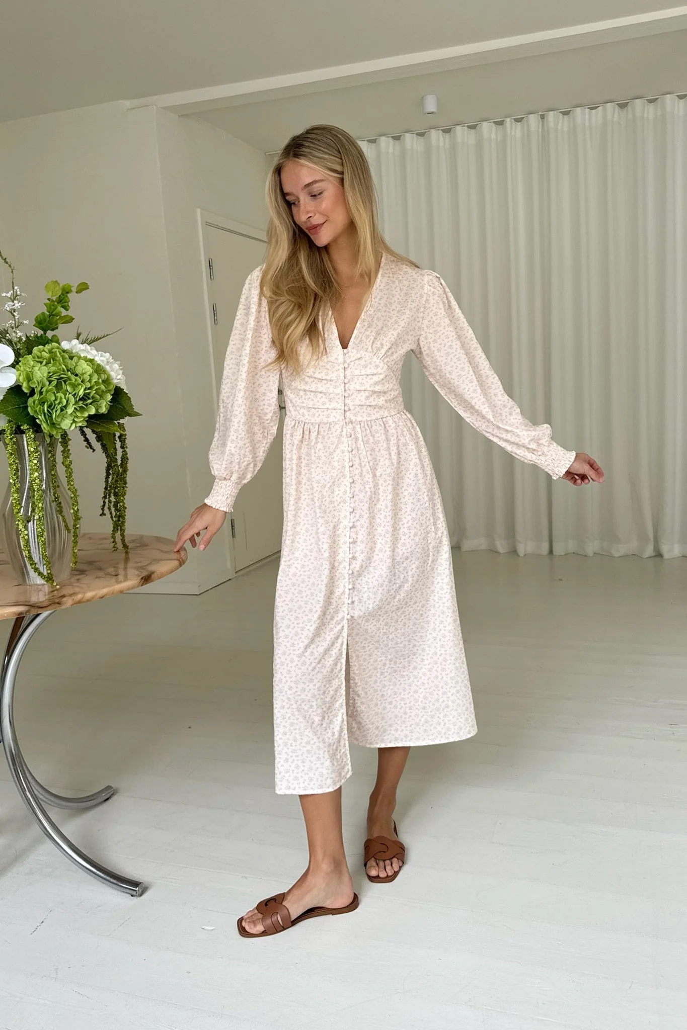 Adelic Long Dress Peach Flower Stem Print - Image 8