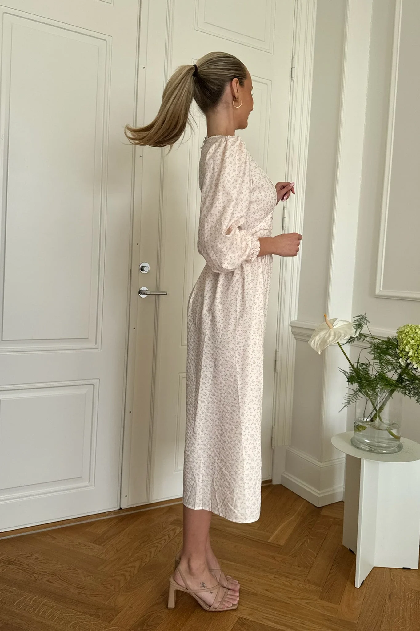 Adelic Long Dress Peach Flower Stem Print - Image 9