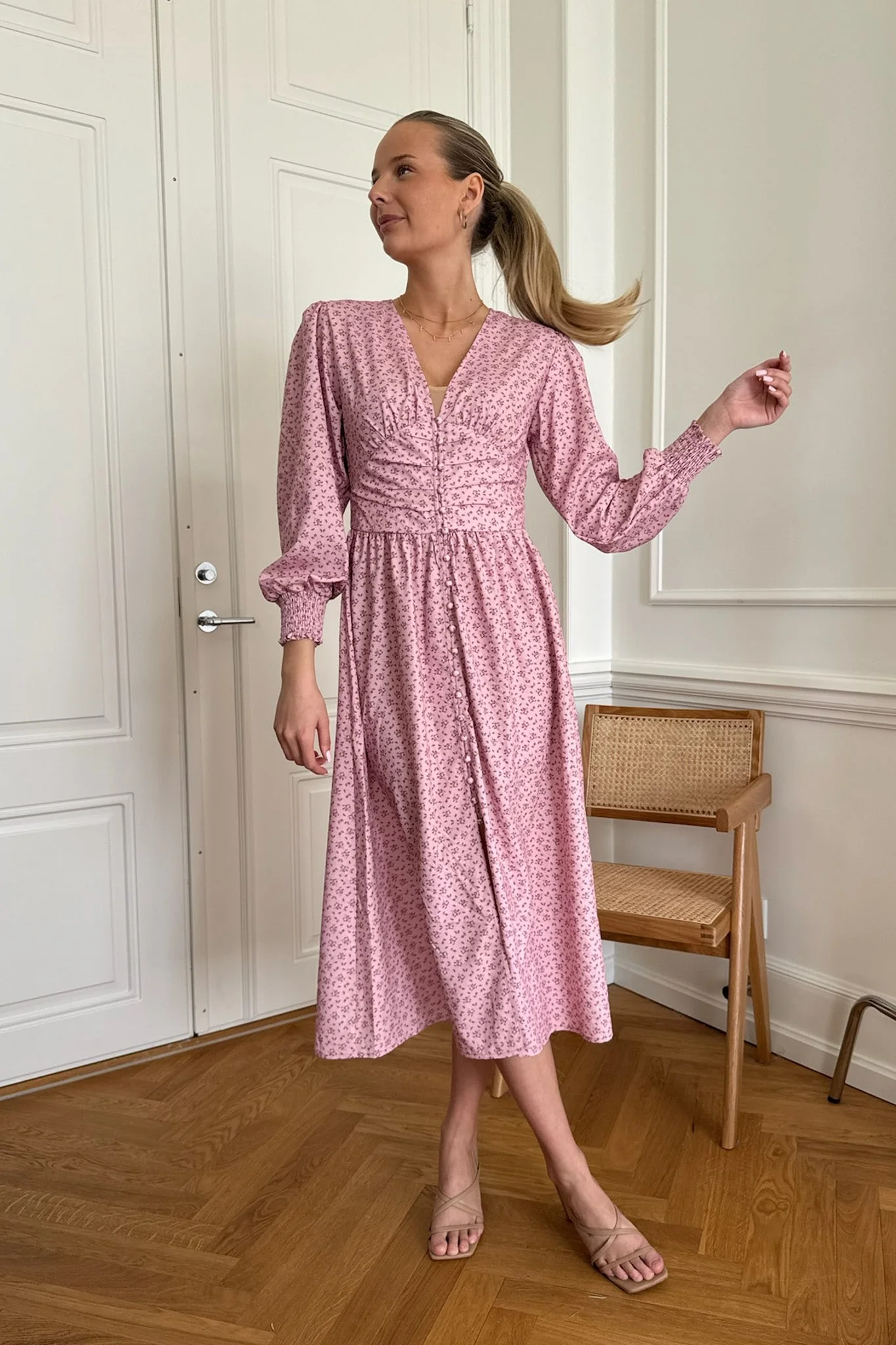 Adelic Long Dress Pink Flower Stem Print - Image 2