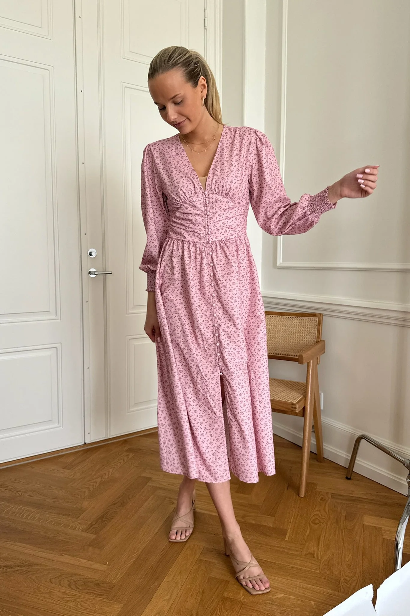 Adelic Long Dress Pink Flower Stem Print - Image 3