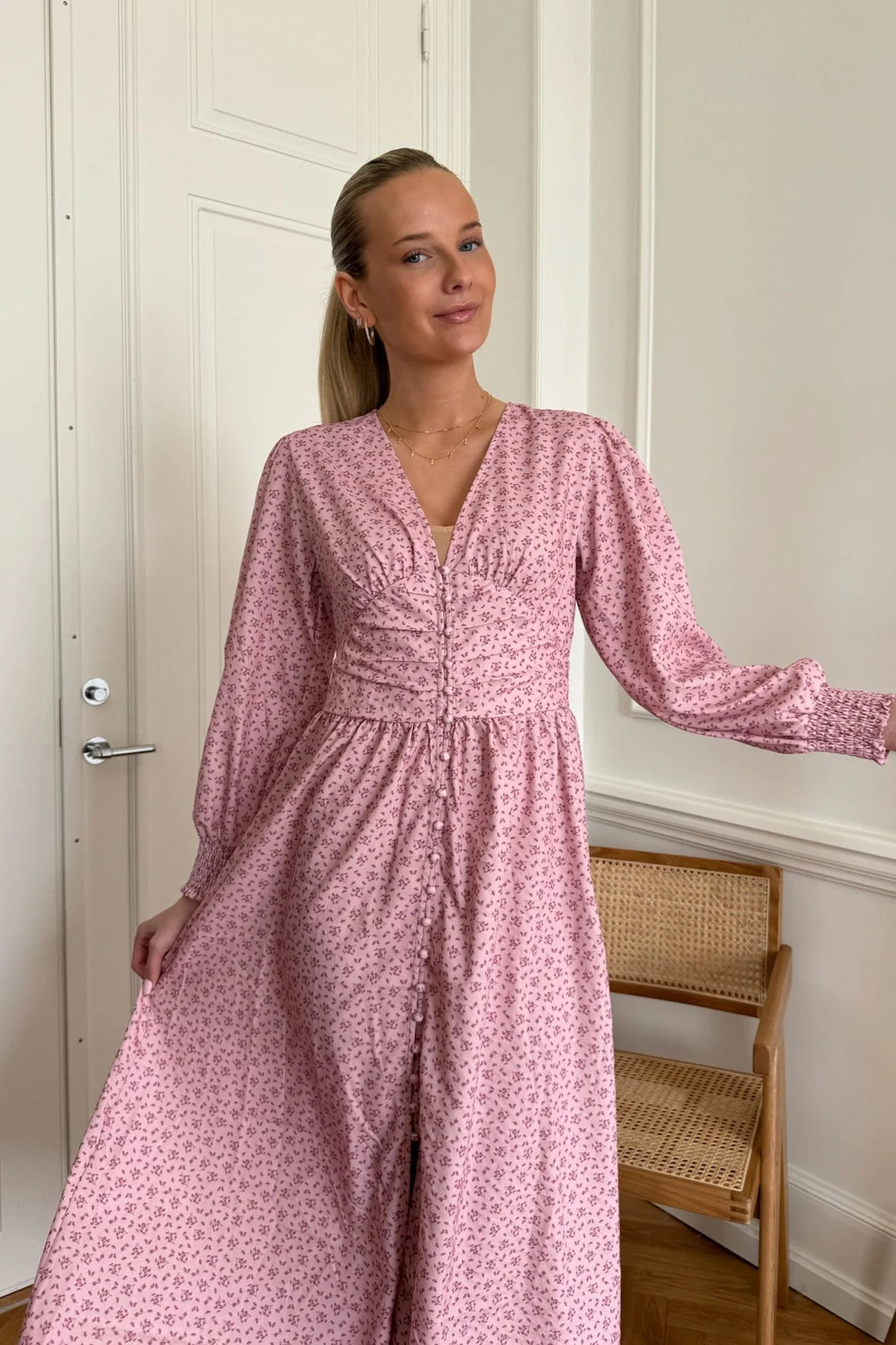 Adelic Long Dress Pink Flower Stem Print - Image 4
