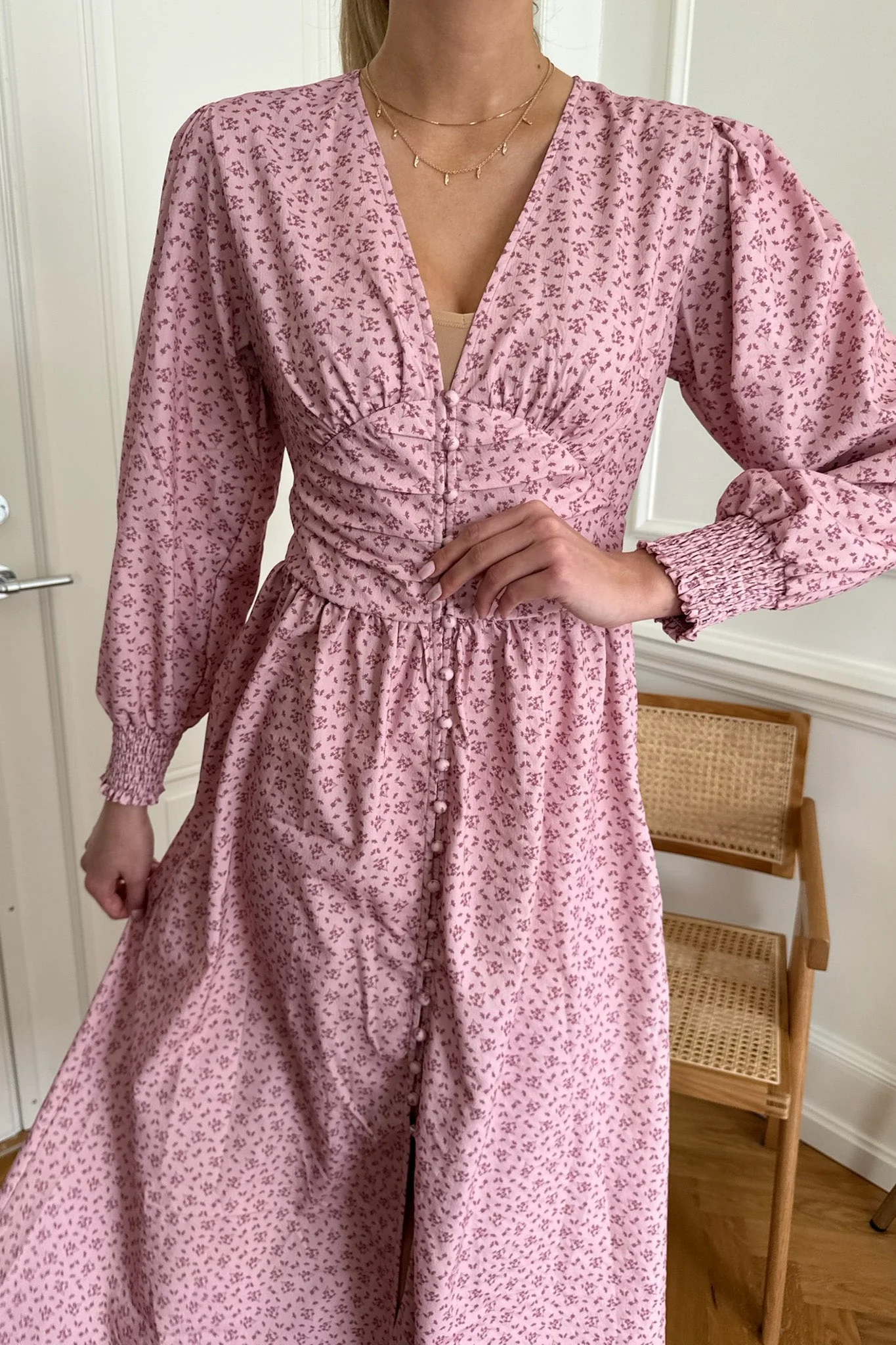 Adelic Long Dress Pink Flower Stem Print - Image 5