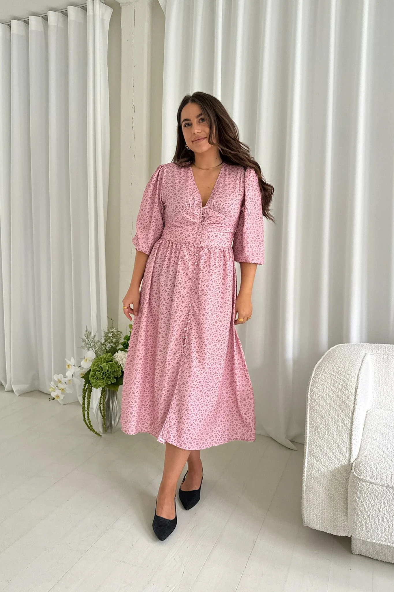 Adelic Long Dress Pink Flower Stem Print - Image 6
