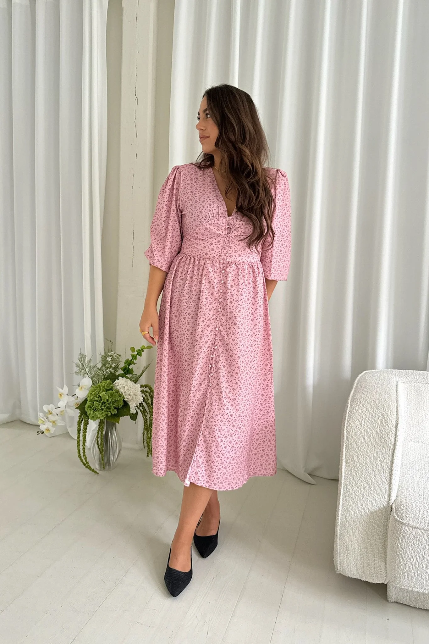 Adelic Long Dress Pink Flower Stem Print - Image 7
