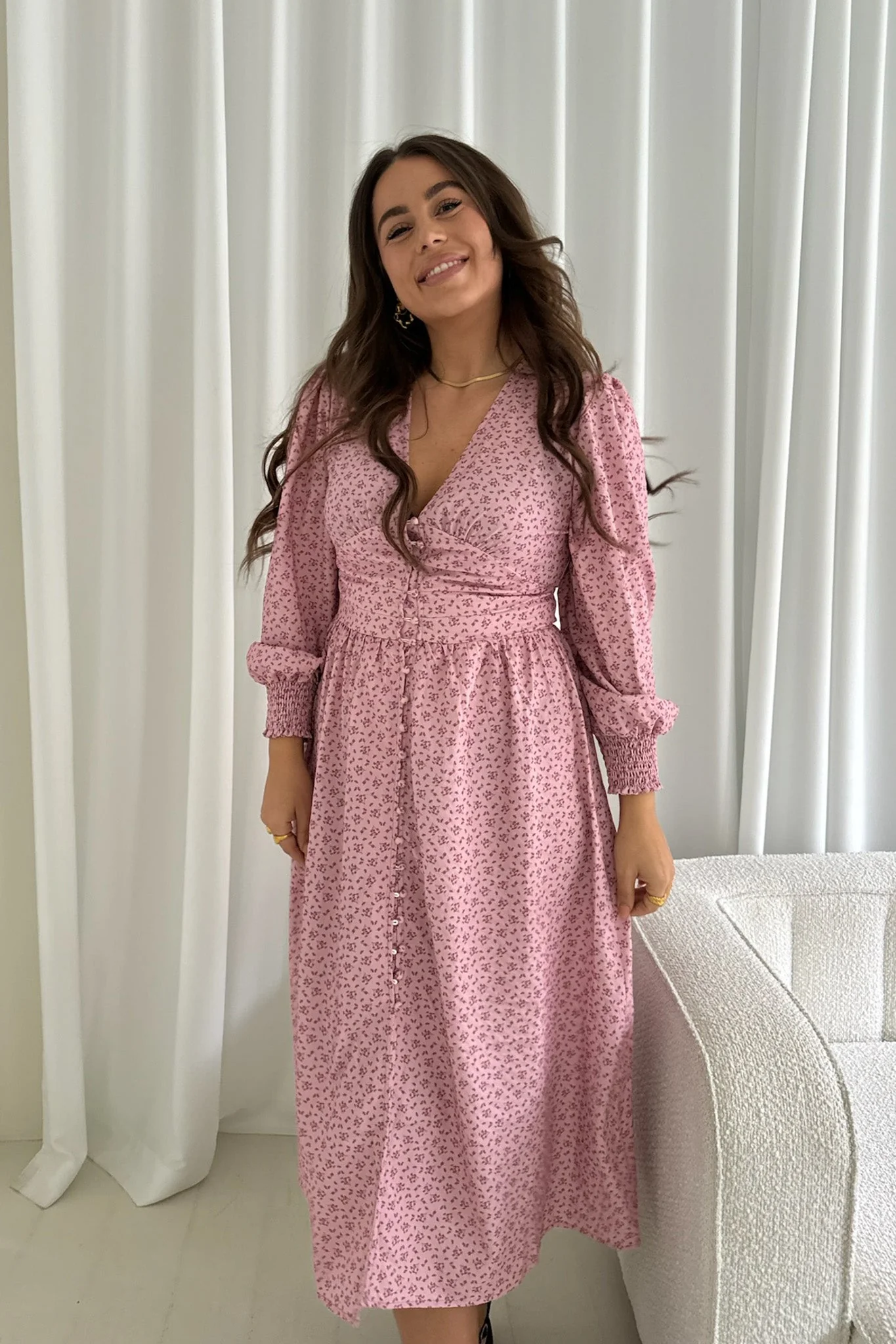 Adelic Long Dress Pink Flower Stem Print - Image 8