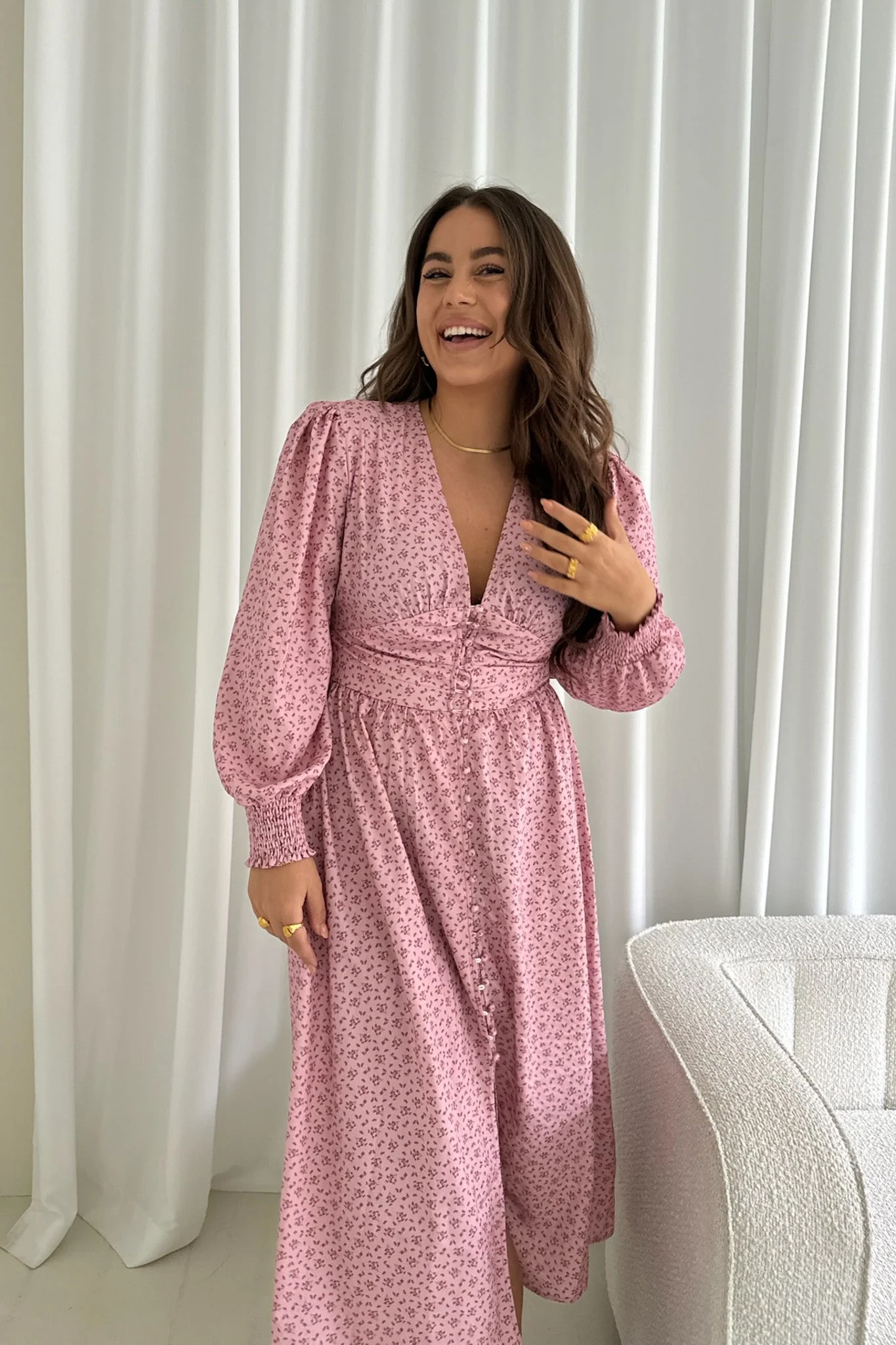 Adelic Long Dress Pink Flower Stem Print - Image 9