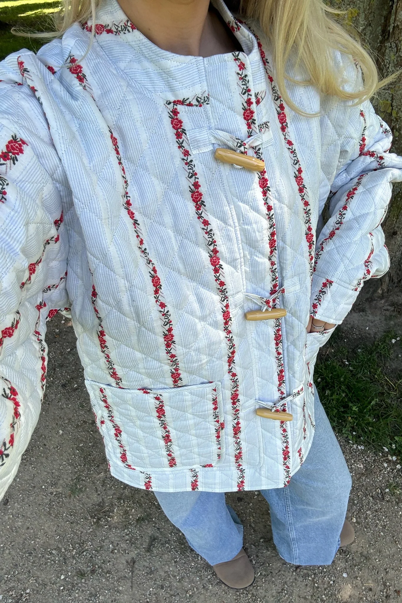 Emmaic Quilted Jacket Blue Red Flower Stripe - Image 2