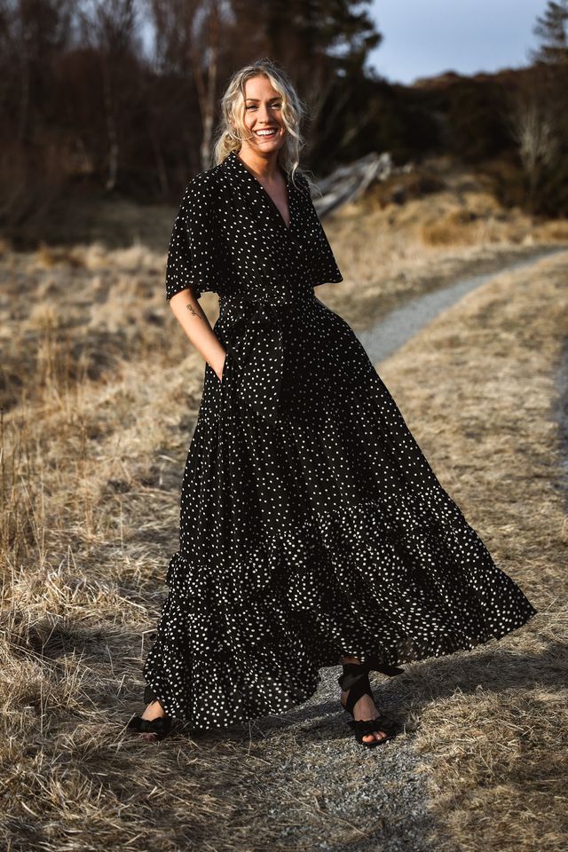 Long Frill Dress Black Dot