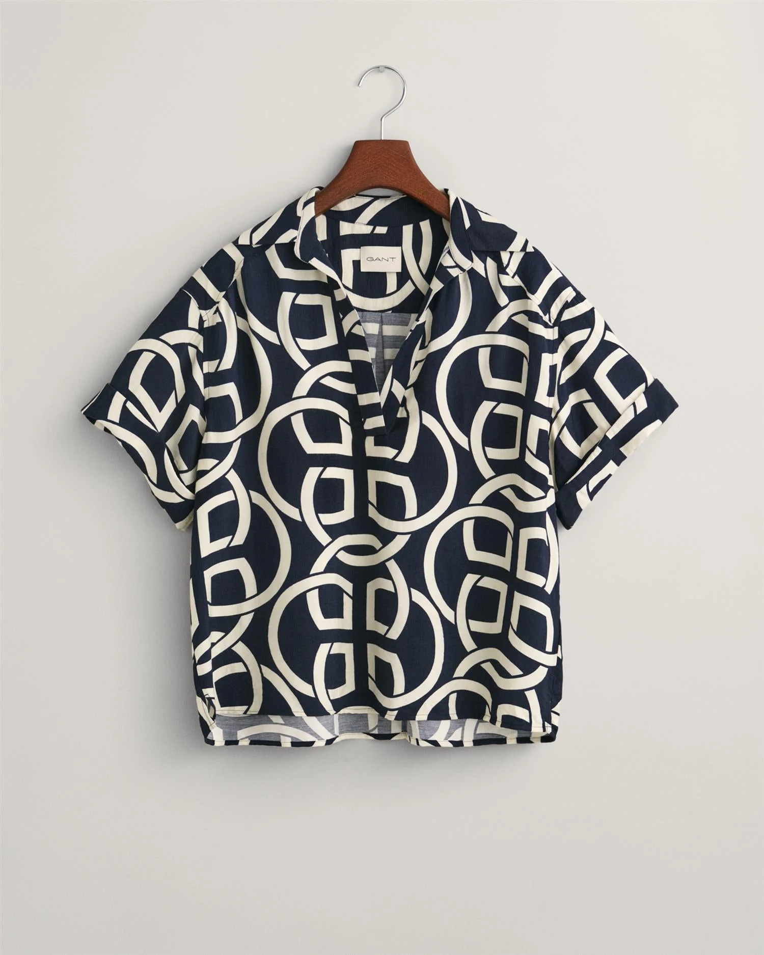 Relaxed Fit Monogram Print Popover Short Sleeve Shirt Evening Blue