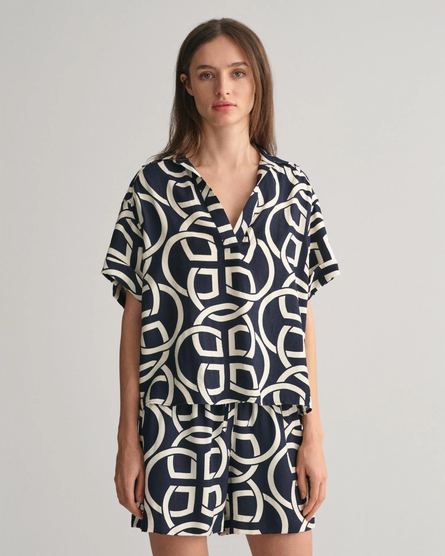 Relaxed Fit Monogram Print Popover Short Sleeve Shirt Evening Blue - Image 5