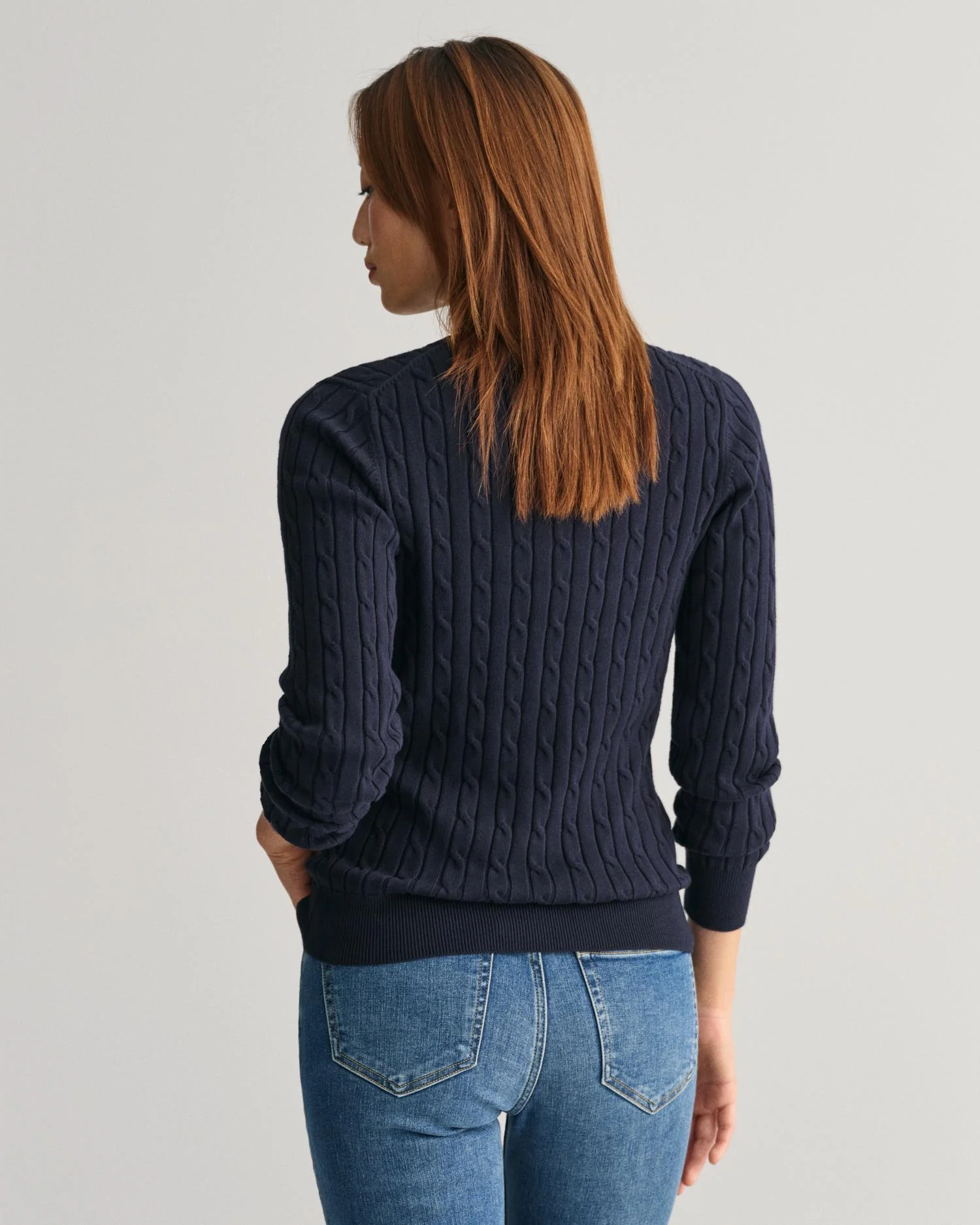 Stretch Cotton Cable Knit Crew Neck Sweater Evening Blue - Image 4