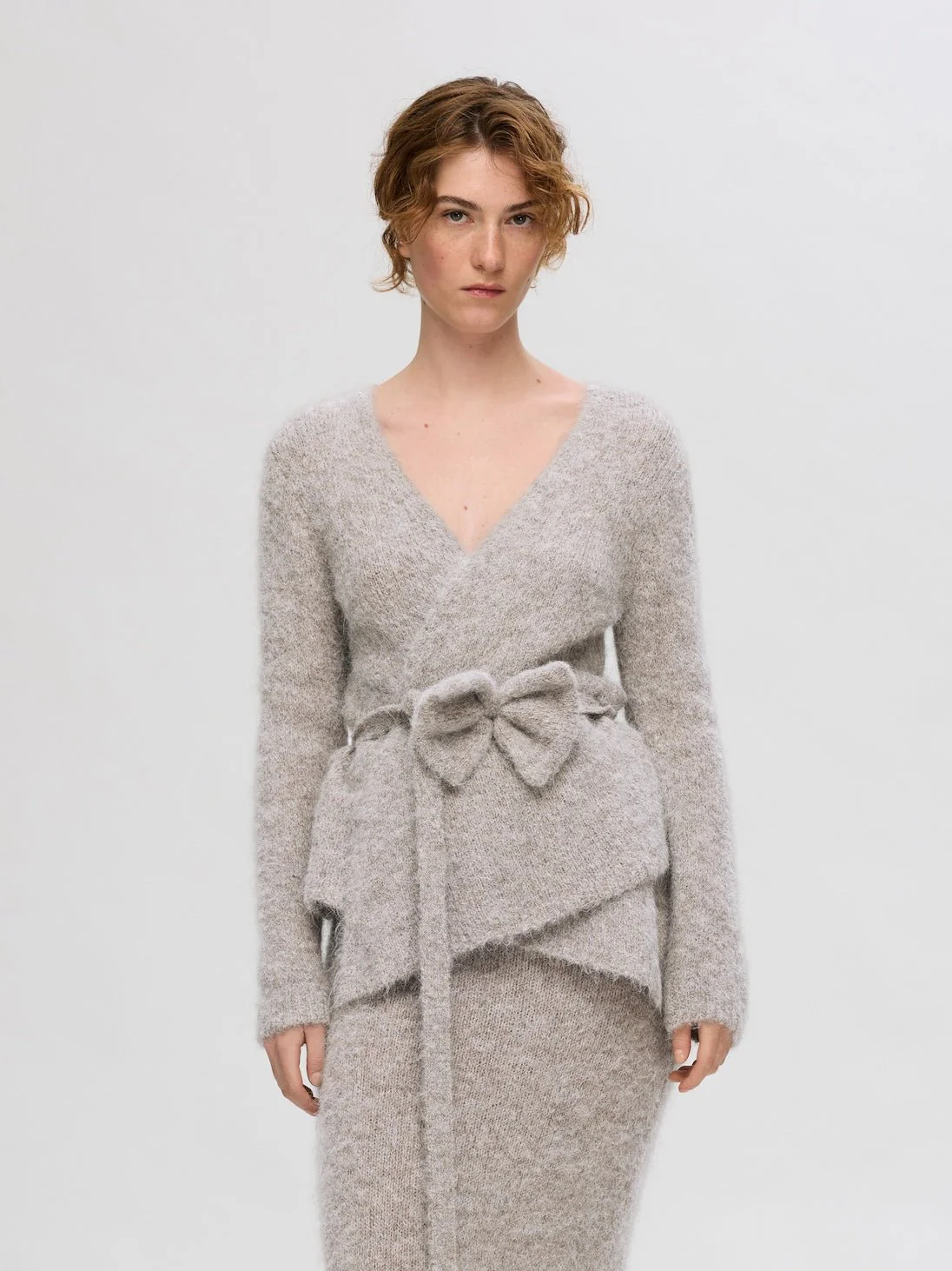 Gabella Ls Knit Bow Cardigan Steel Gray Melange - Image 2