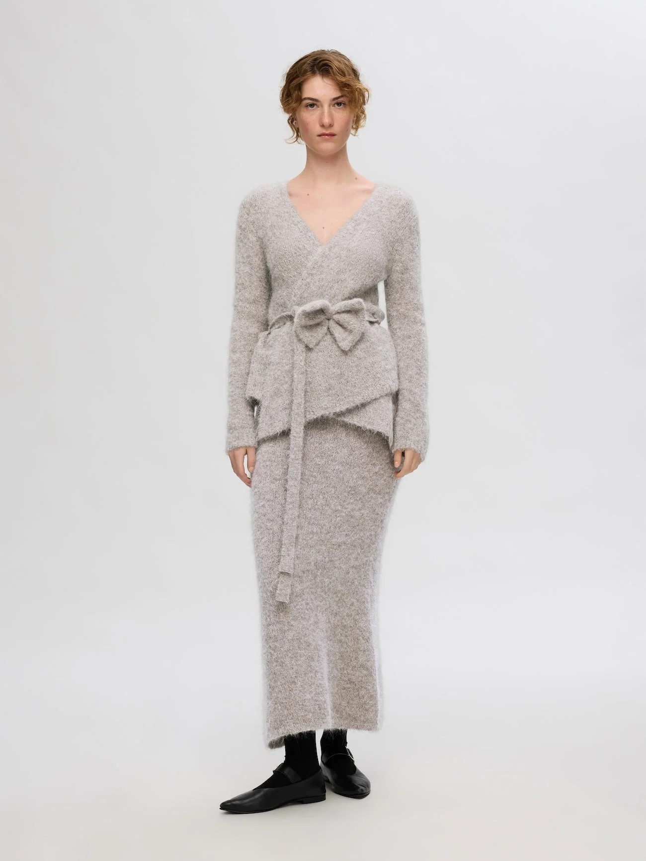 Gabella Ls Knit Bow Cardigan Steel Gray Melange - Image 4