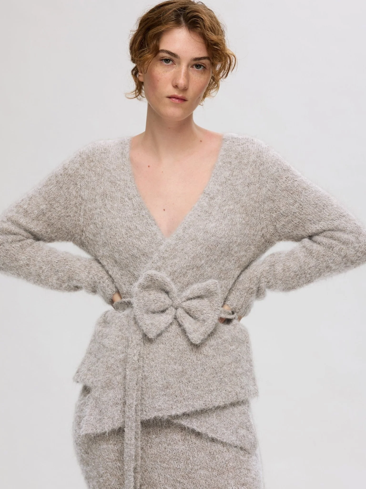 Gabella Ls Knit Bow Cardigan Steel Gray Melange - Image 5
