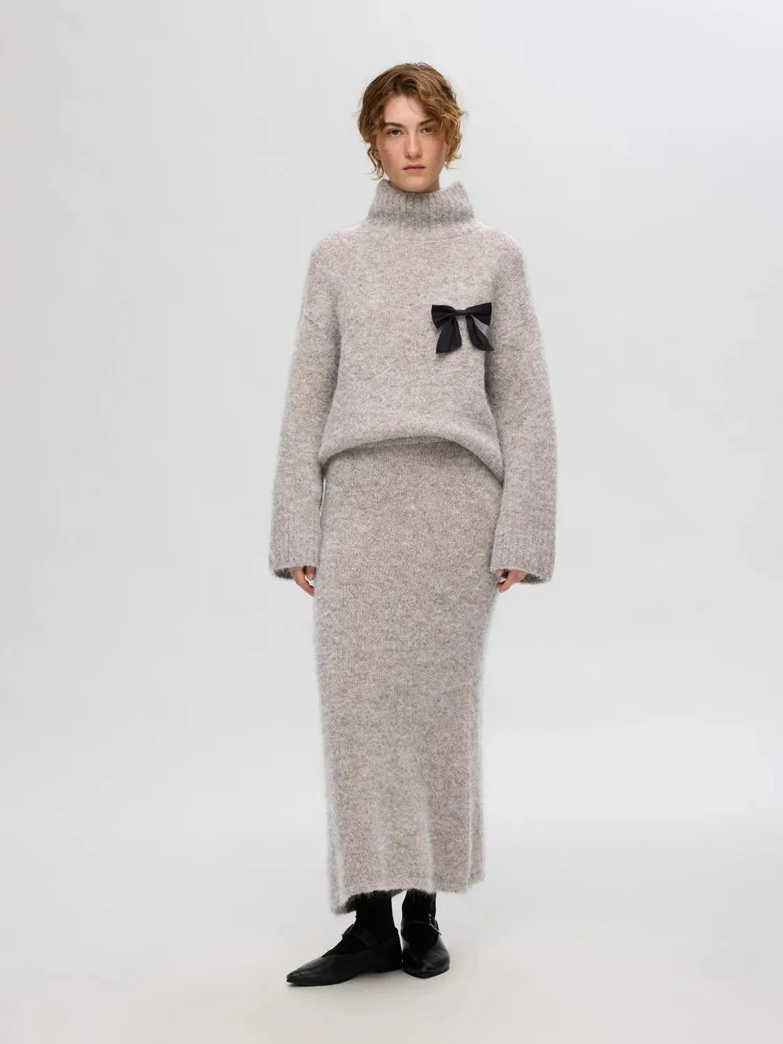 Gabella Hw Midi Knit Skirt Steel Gray Melange - Image 3