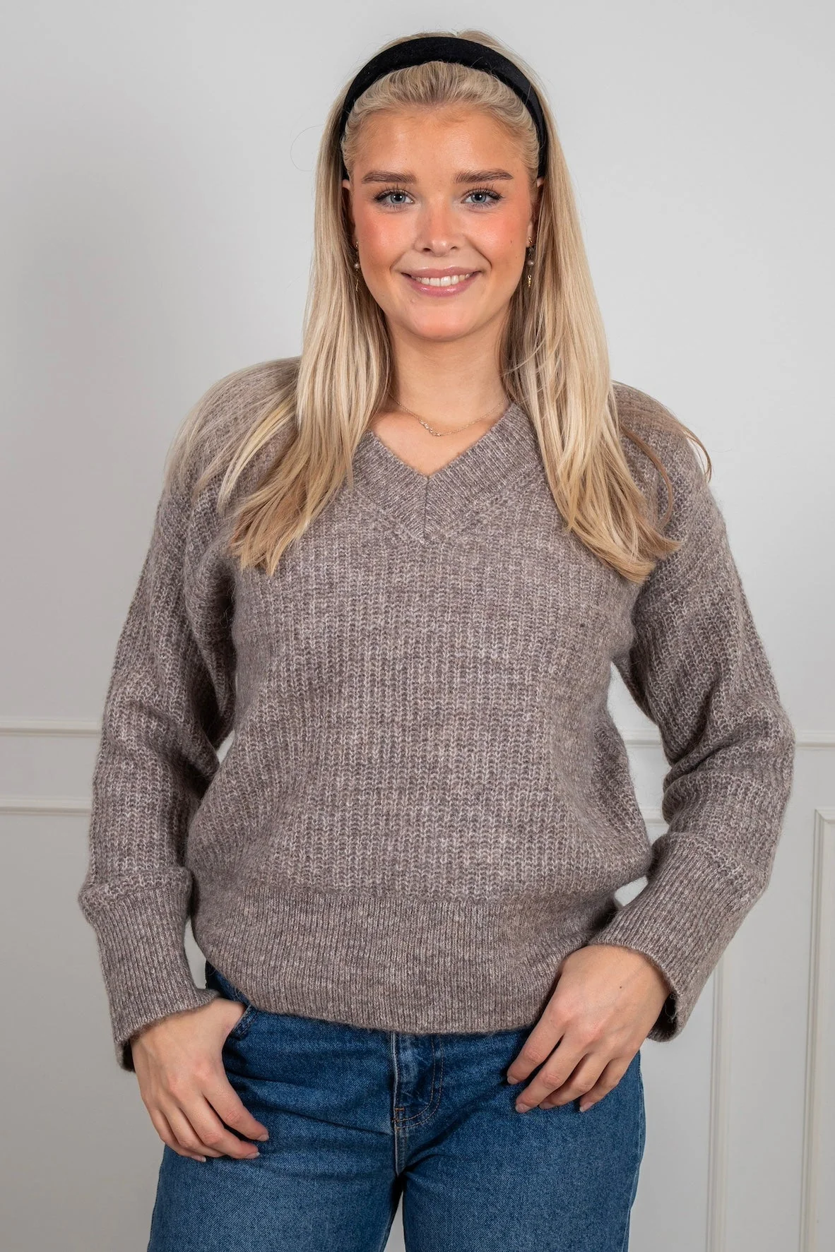 Alva Melange Ls Knit V-Neck Steel Gray Birch