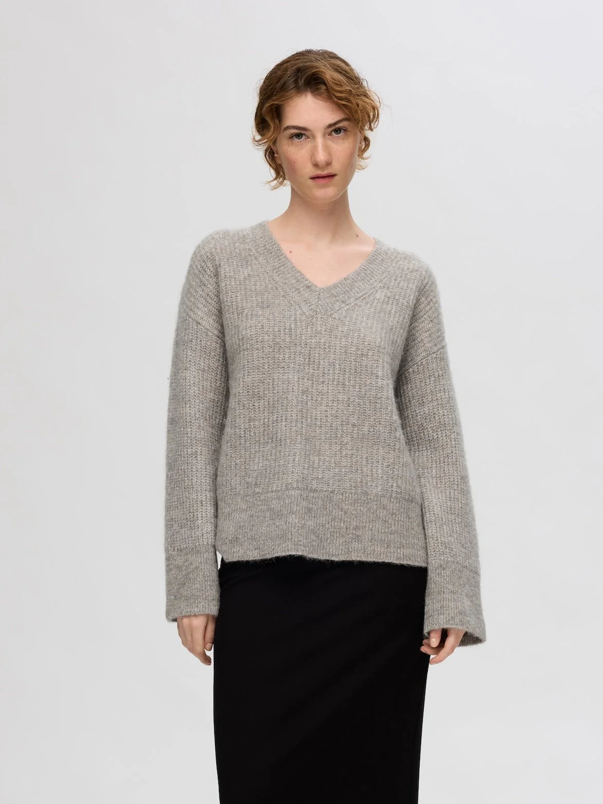 Alva Melange Ls Knit V-Neck Steel Gray Birch - Image 4