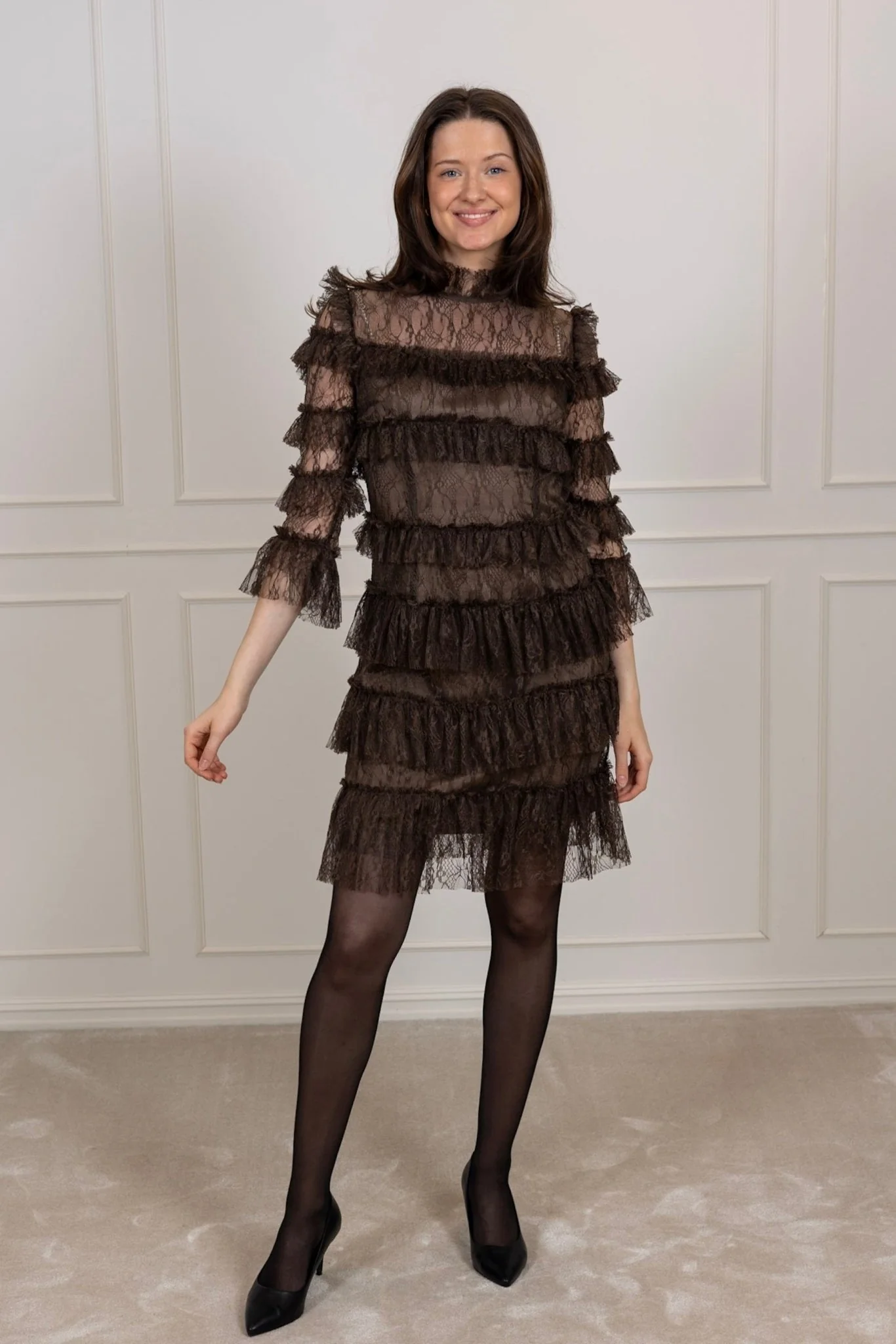 Carmine Frill Lace Mini Dress Chocolate - Image 2