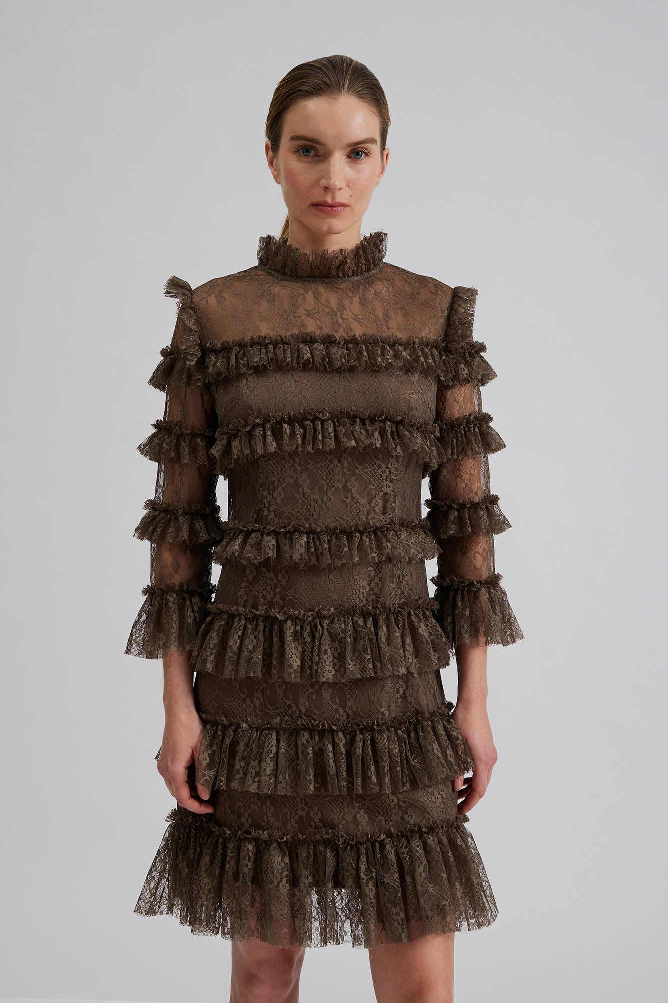 Carmine Frill Lace Mini Dress Chocolate - Image 9