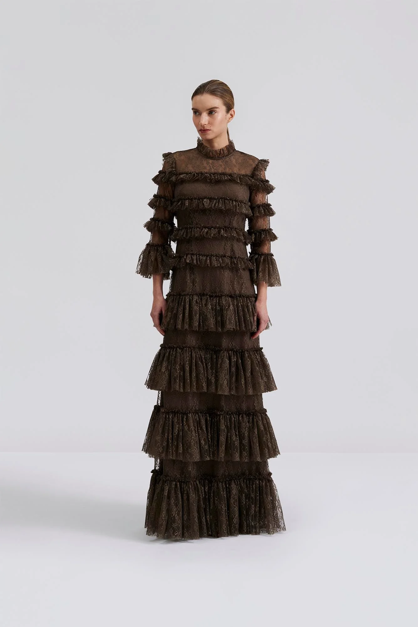 Carmine Long Sleeve Lace Maxi Dress Chocolate - Image 2