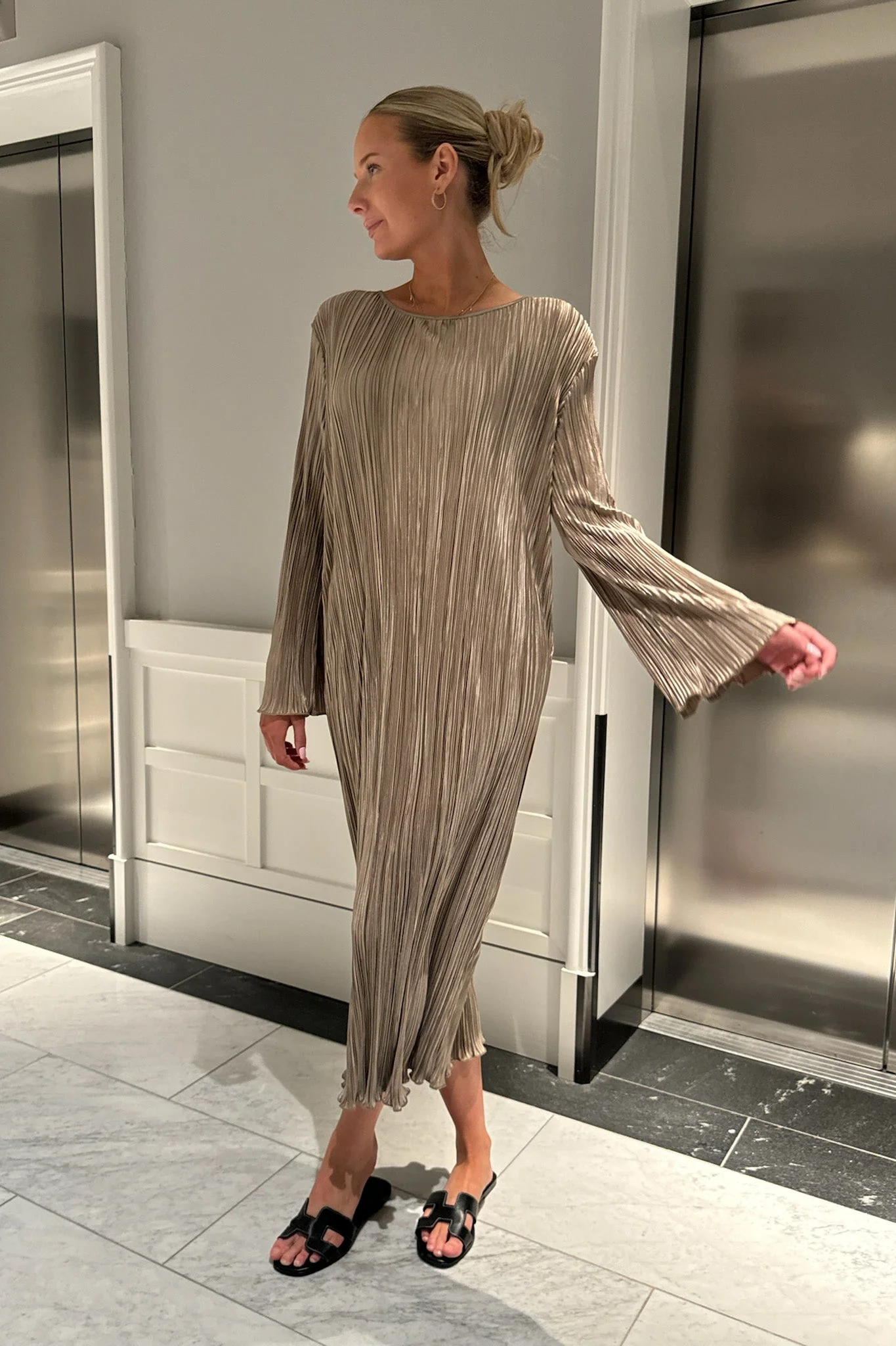 Kellyic Long Plisse Dress Light Brown - Image 6