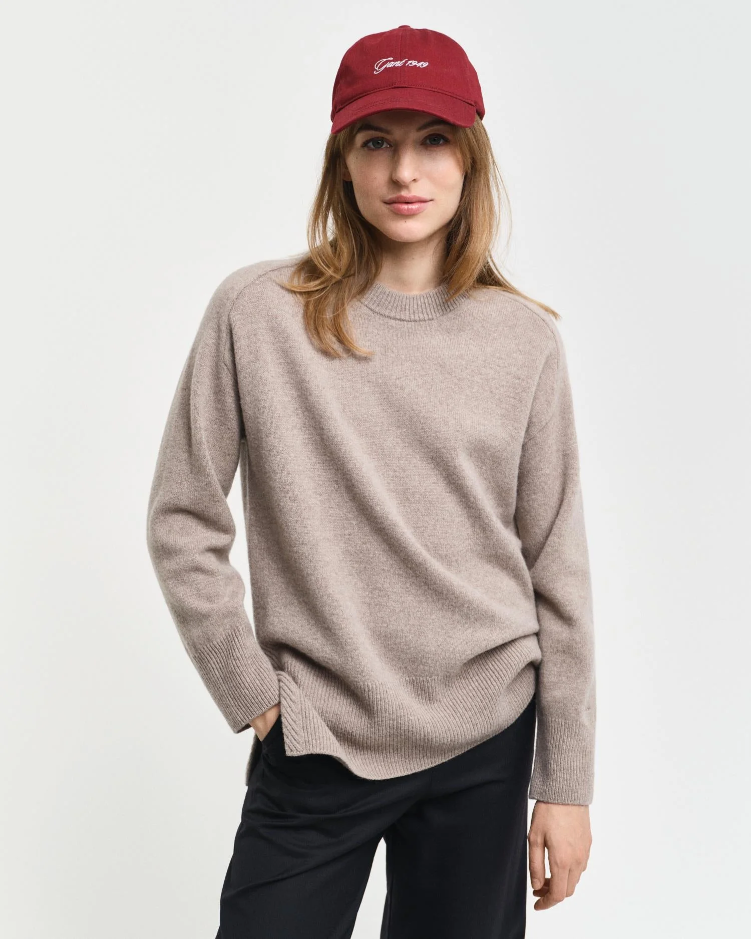 Herringbone Detail Crew Neck Sweater Warm Grey - Image 2