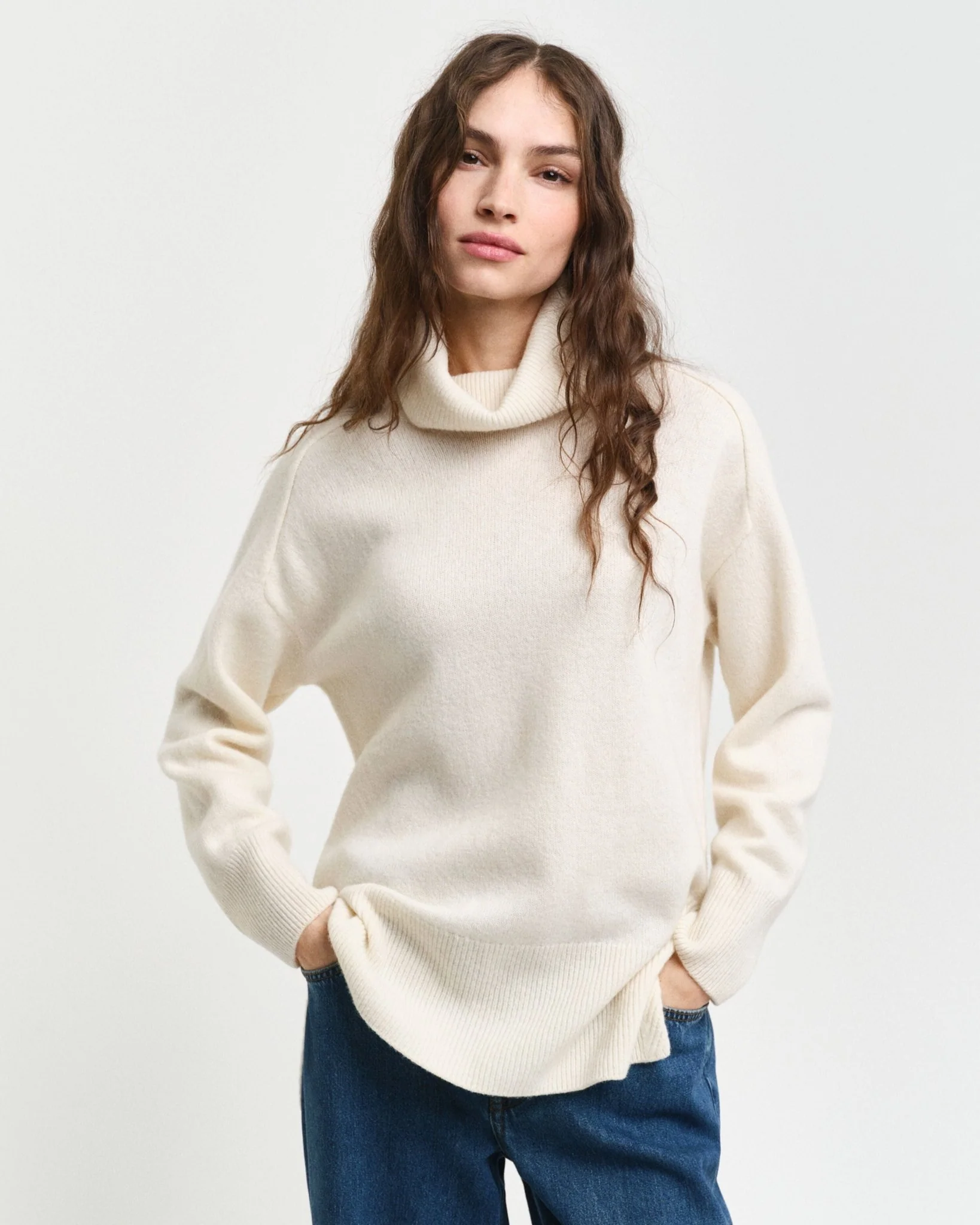 Herringbone Detail Turtleneck Cream