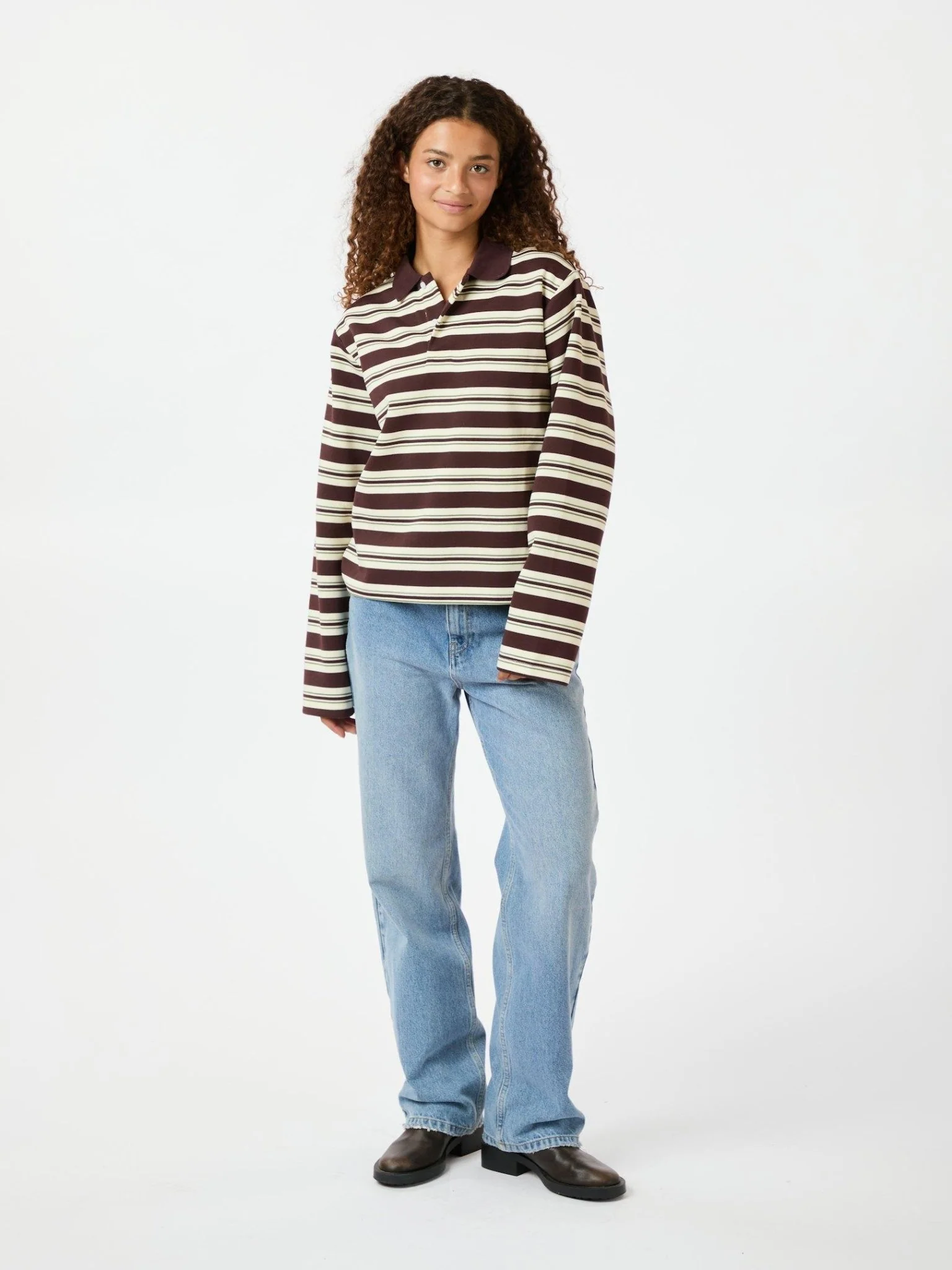 Mala Stripe Polo Blouse Brown - Image 4