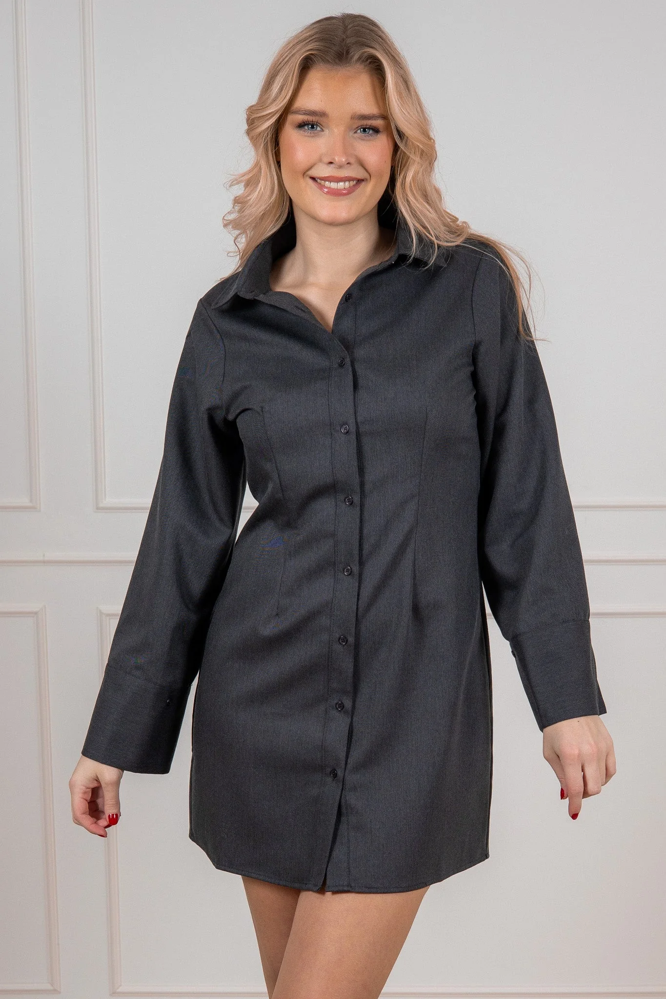 Cajsa Solid Shirt Dress Dark Grey - Image 3