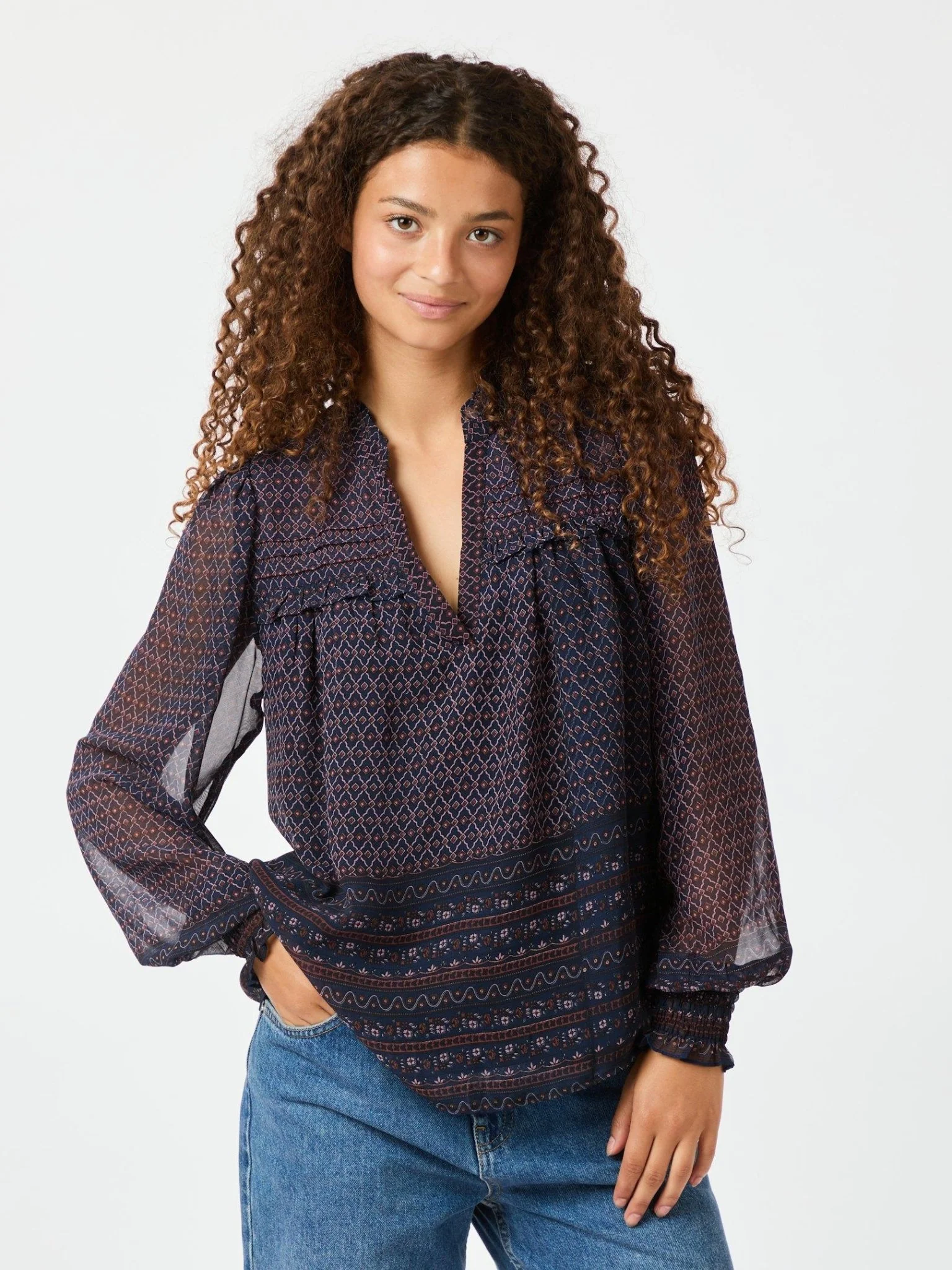 Rhia Border Pattern Blouse Navy - Image 4