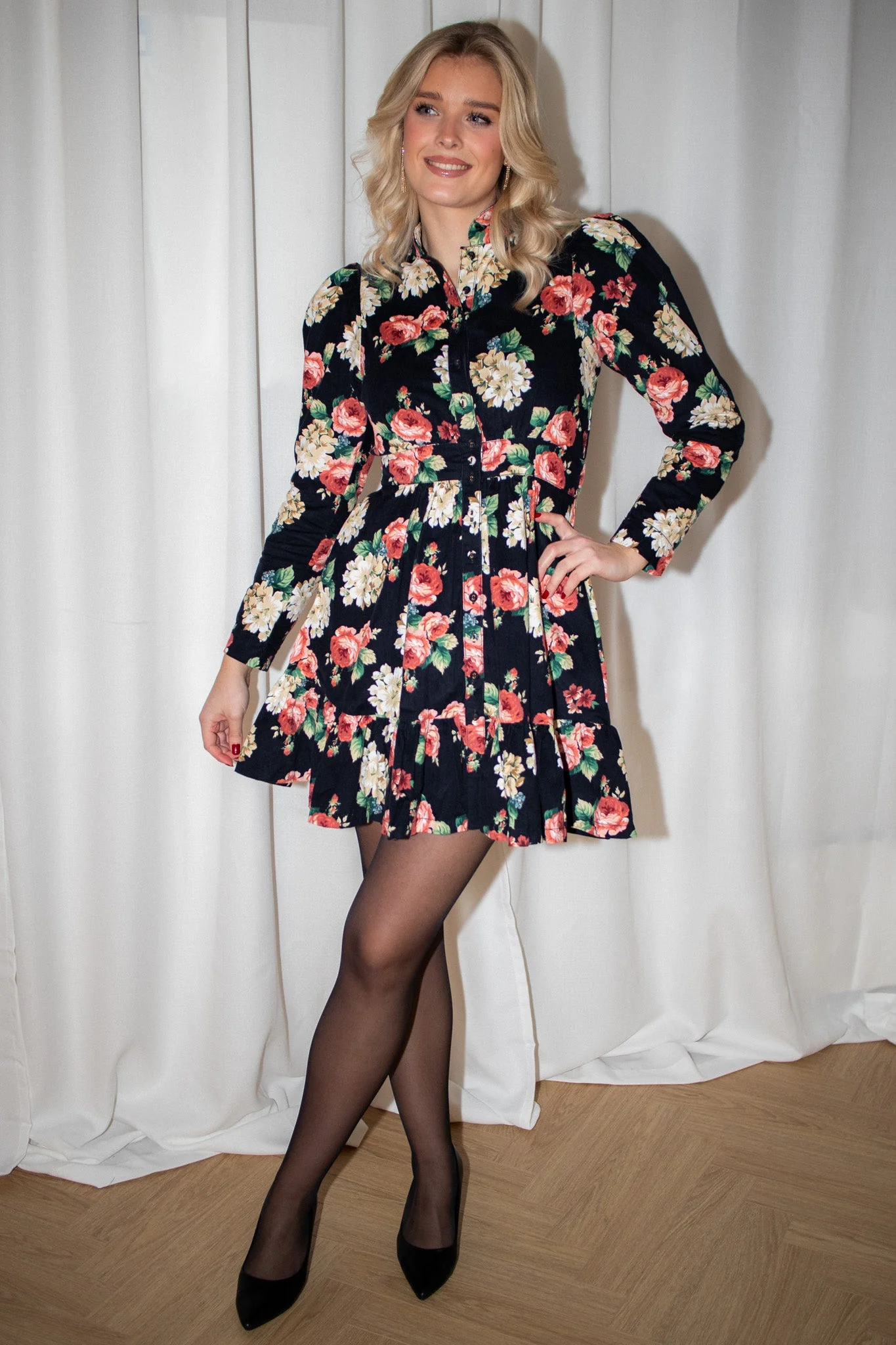 Baby Cord Mini Dress Midnight Roses - Image 2