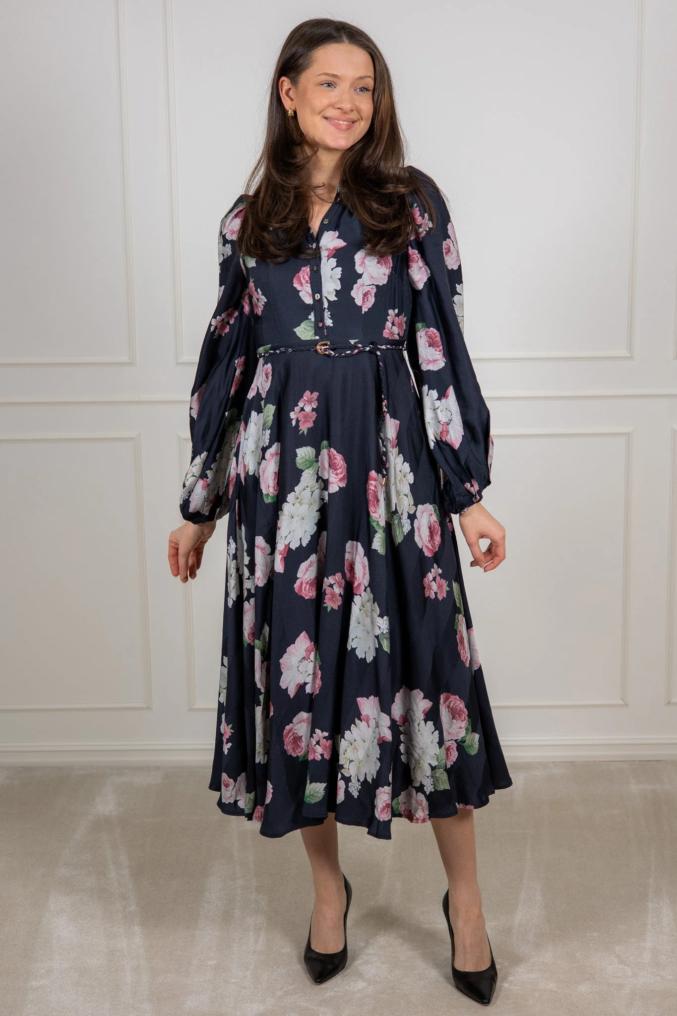 Striped Collared Midi Dress Midnight Bouquet