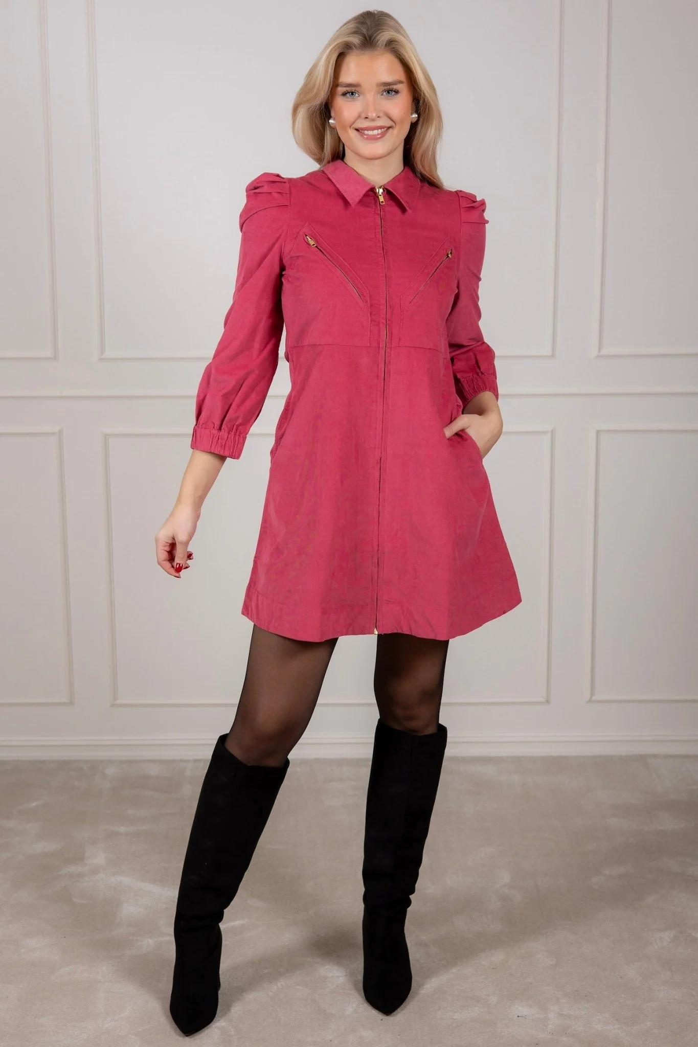 Baby Cord Collared Dress Raspberry - Image 2