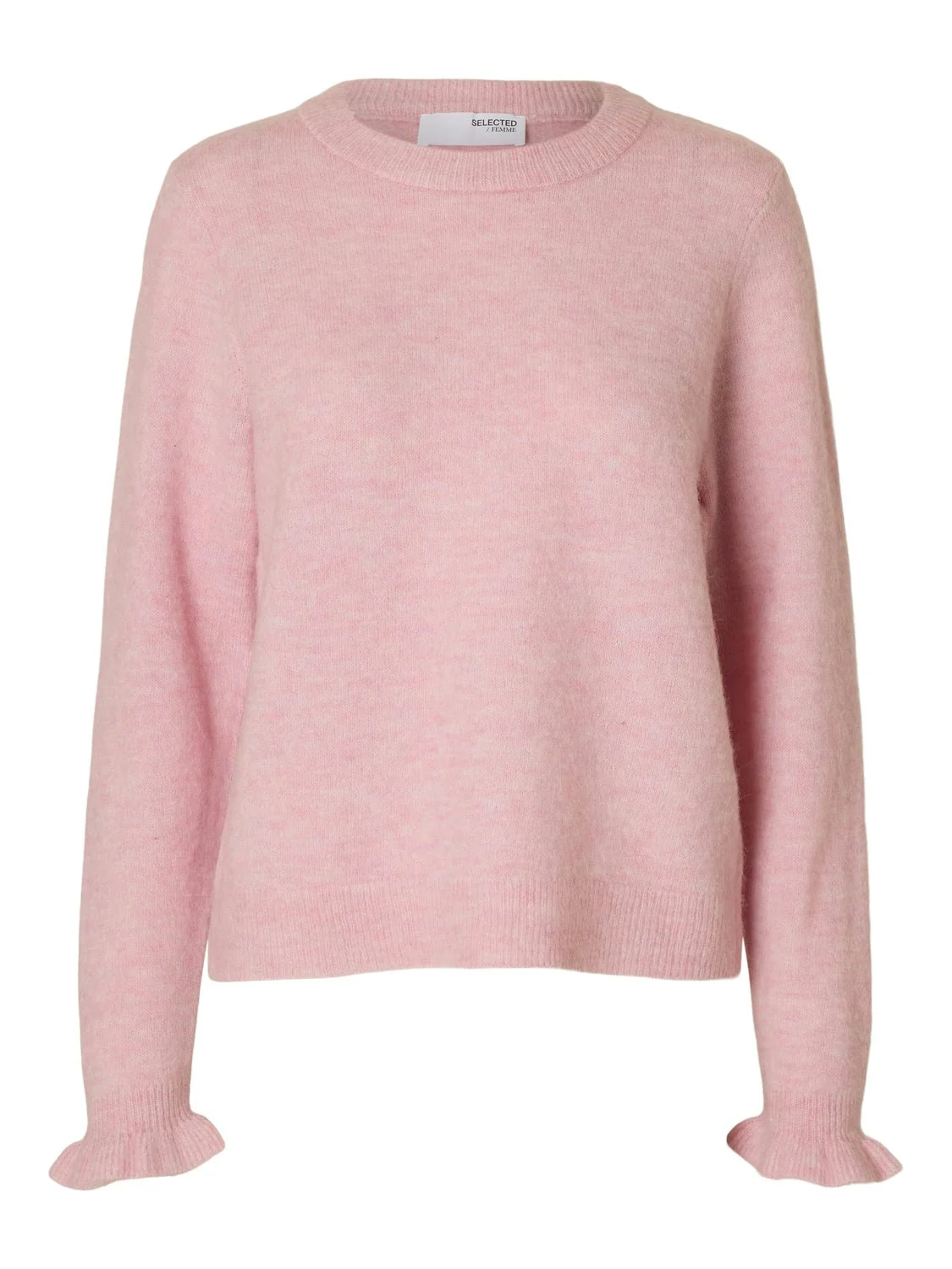 Lulu Ls Knit Frill Cuff O-Neck Bleached Mauve Melange